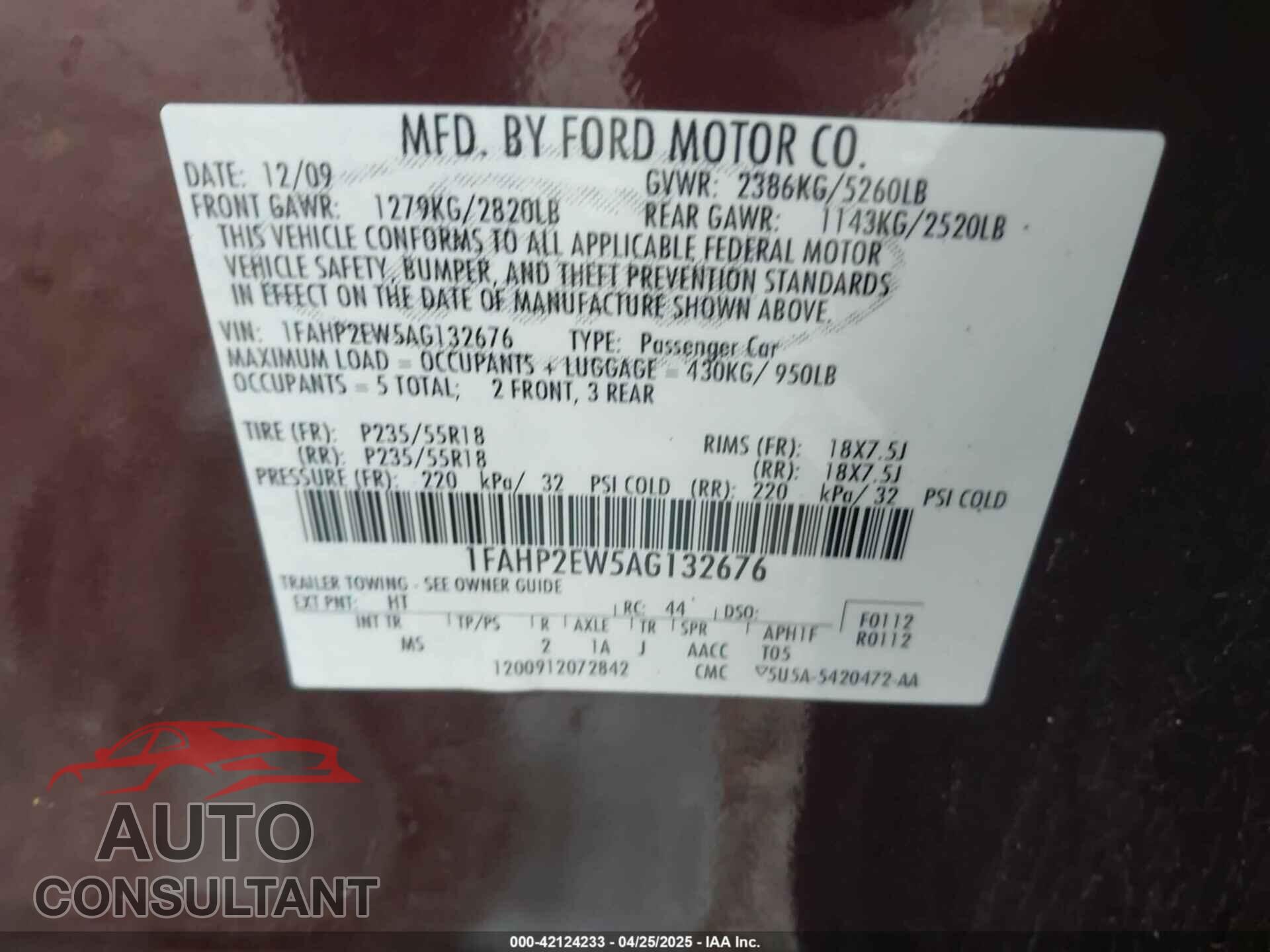 FORD TAURUS 2010 - 1FAHP2EW5AG132676