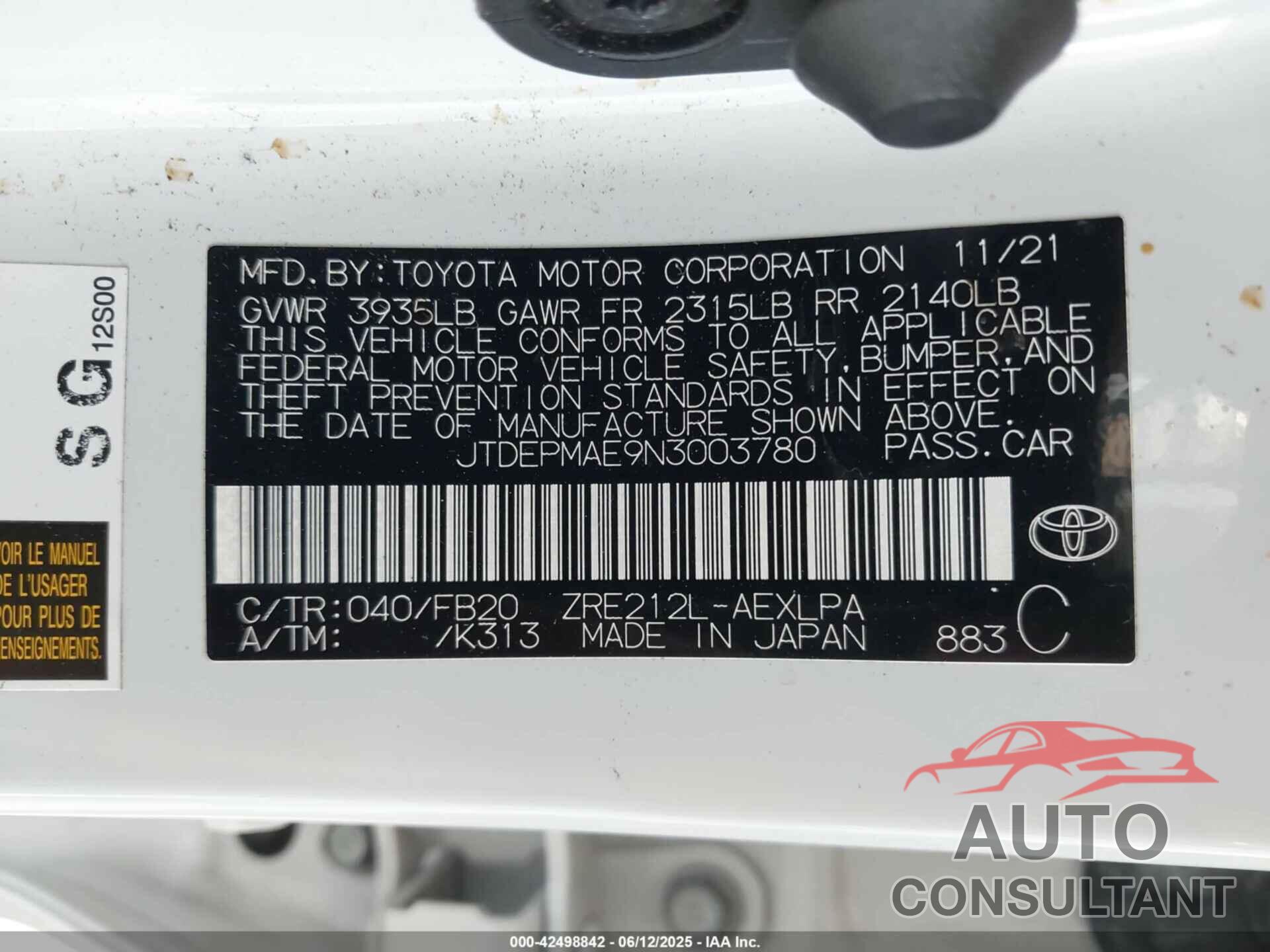TOYOTA COROLLA 2022 - JTDEPMAE9N3003780