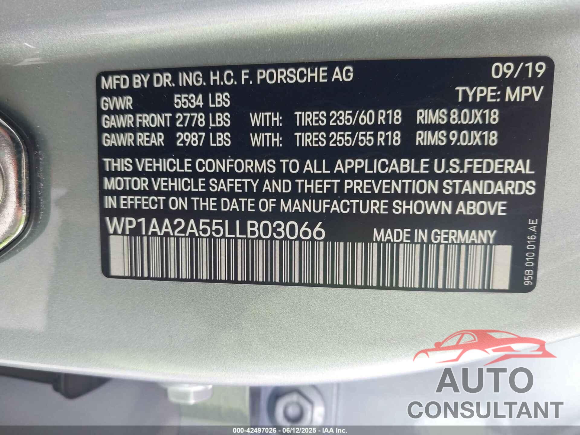 PORSCHE MACAN 2020 - WP1AA2A55LLB03066