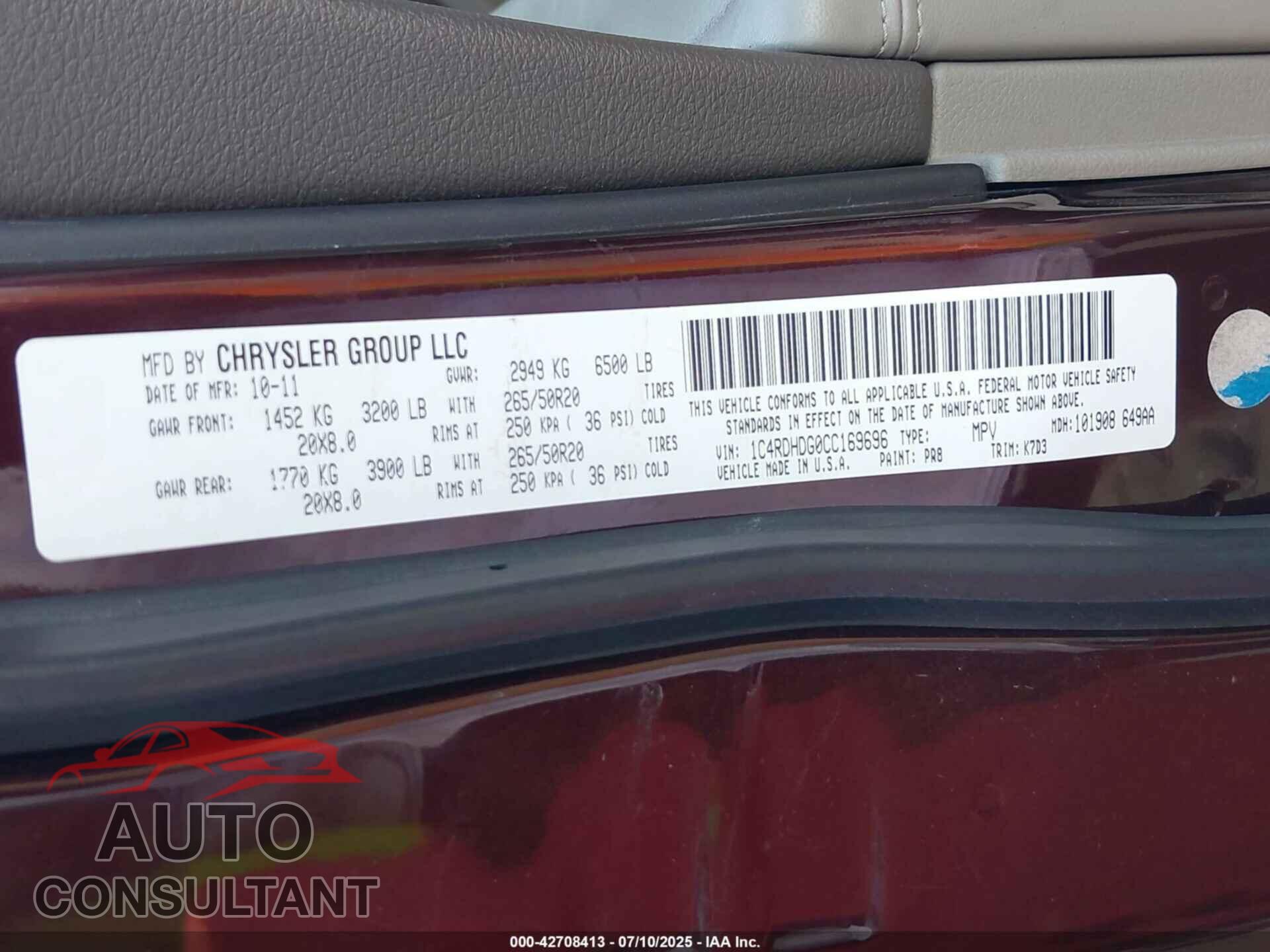 DODGE DURANGO 2012 - 1C4RDHDG0CC169696