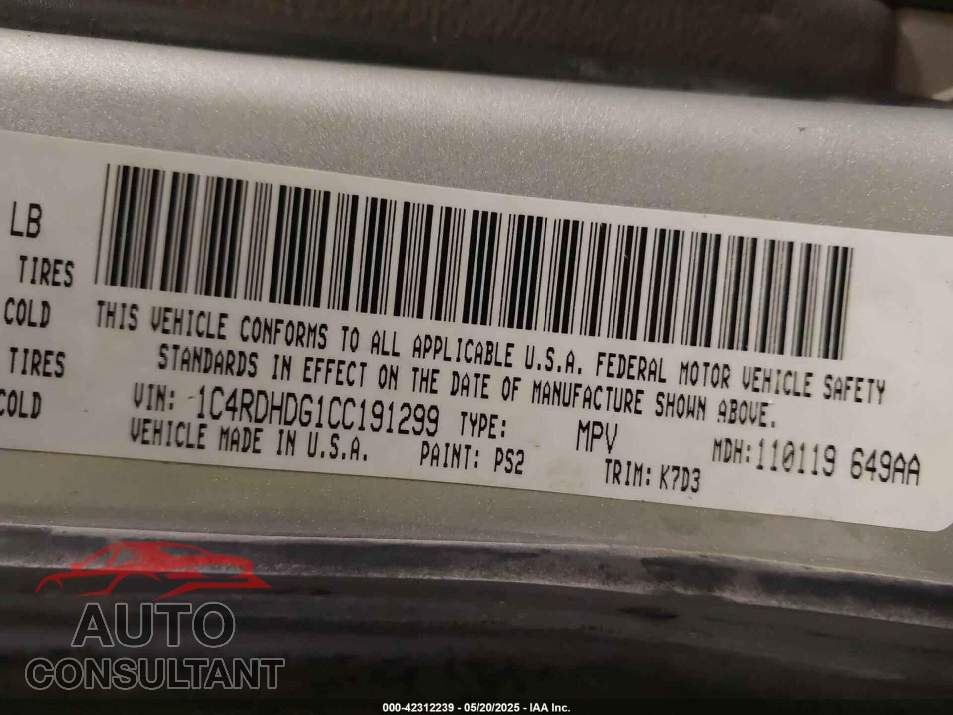 DODGE DURANGO 2012 - 1C4RDHDG1CC191299