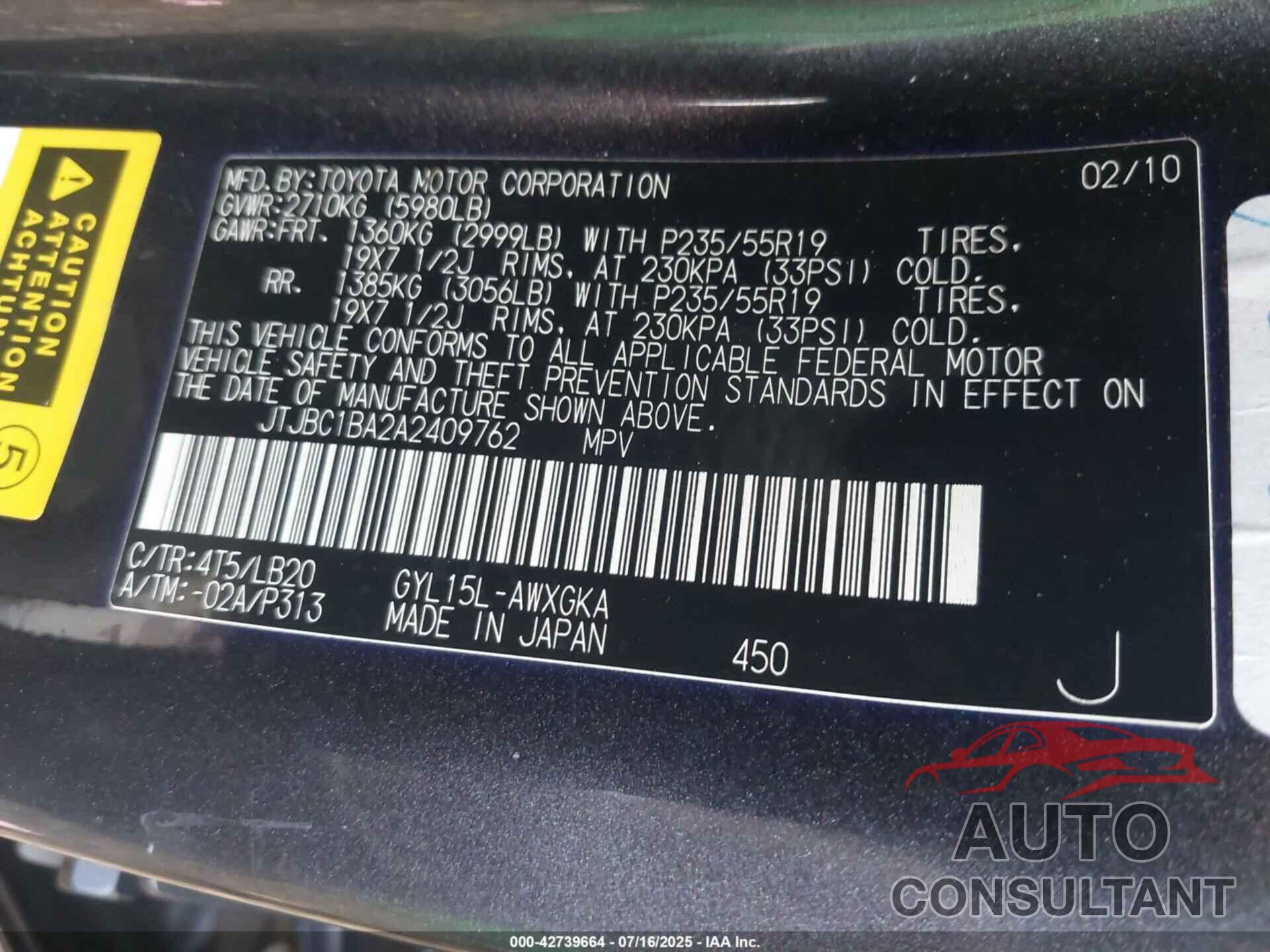 LEXUS RX 450H 2010 - JTJBC1BA2A2409762