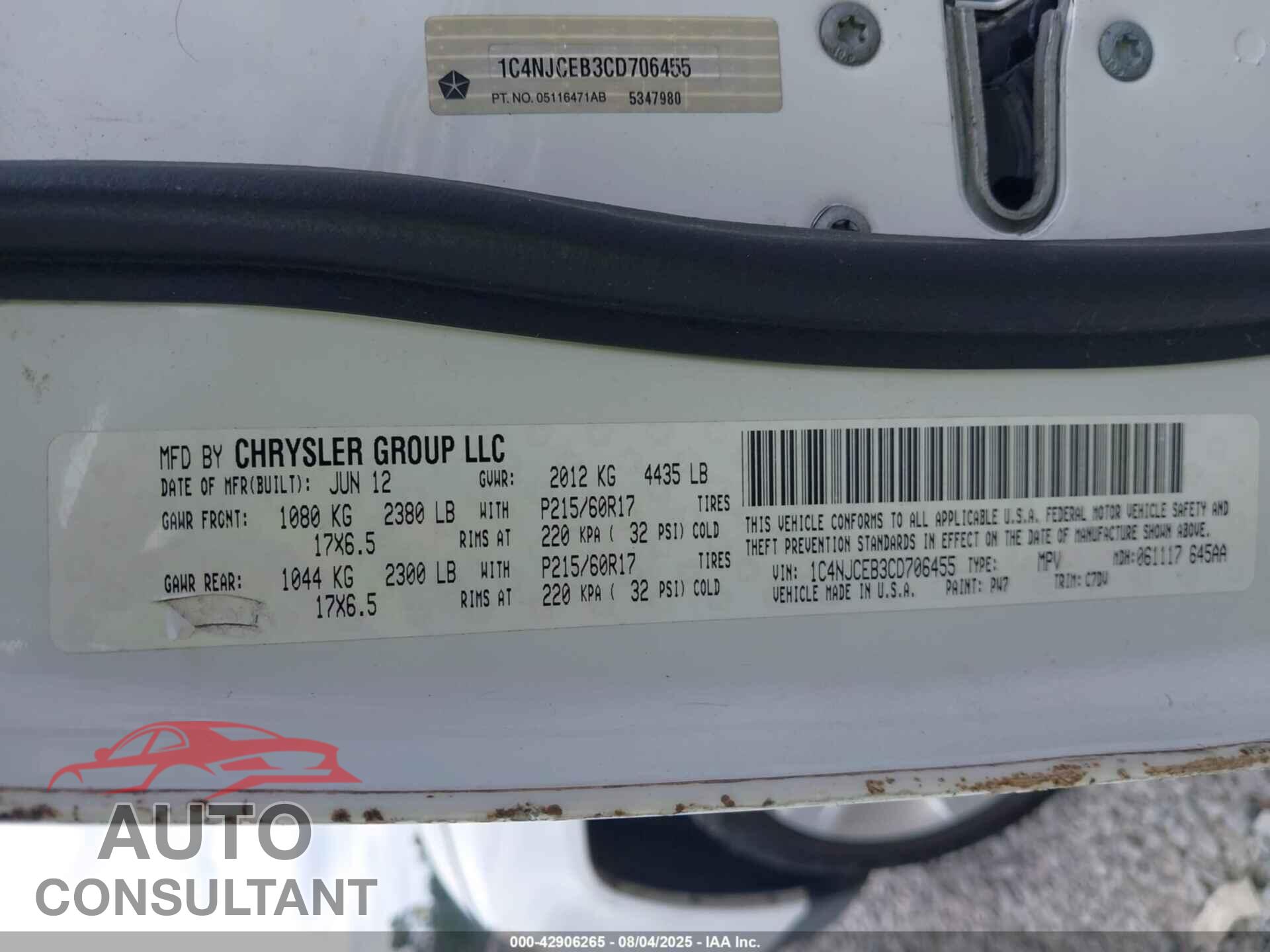 JEEP COMPASS 2012 - 1C4NJCEB3CD706455