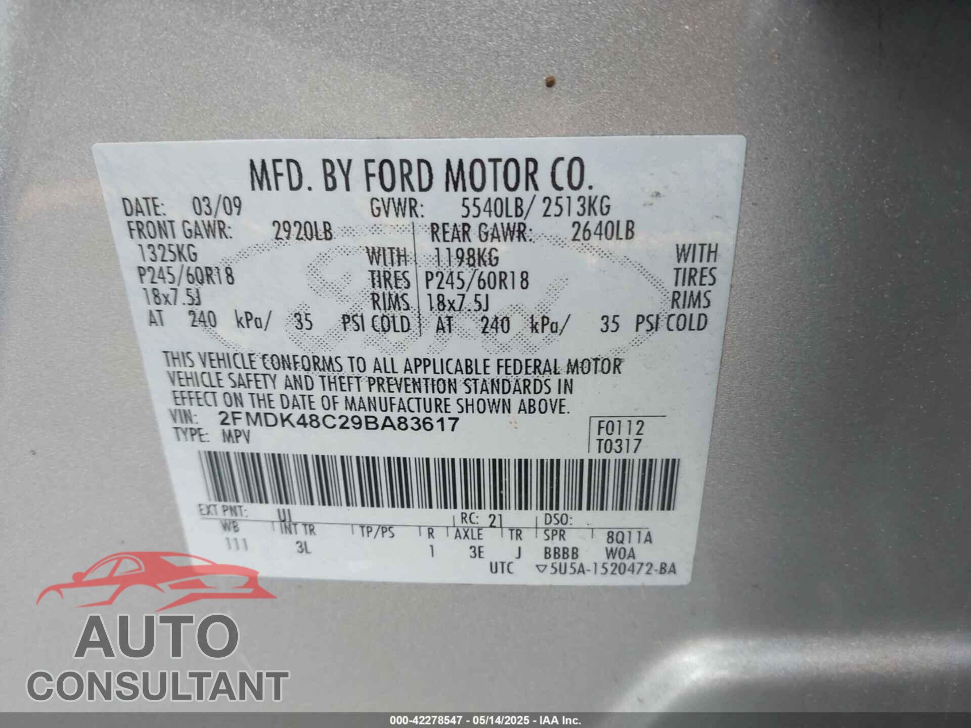 FORD EDGE 2009 - 2FMDK48C29BA83617
