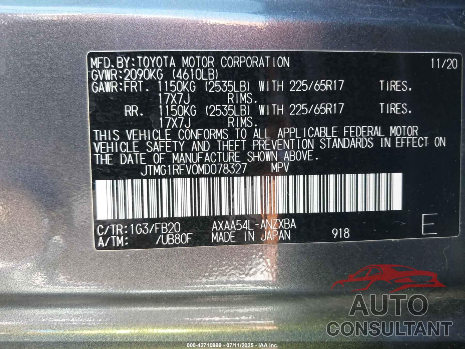 TOYOTA RAV4 2021 - JTMG1RFV0MD078327