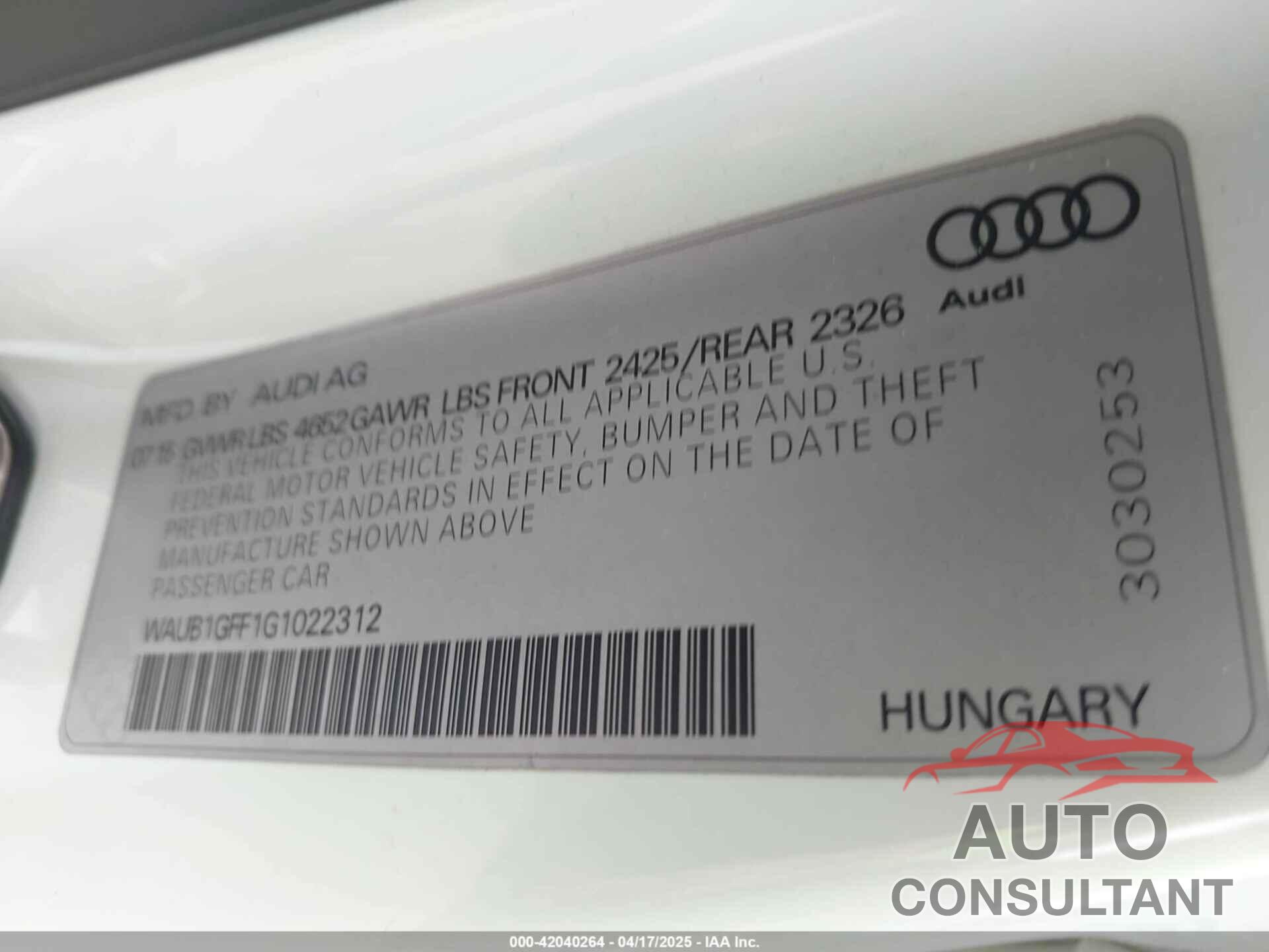 AUDI S3 2016 - WAUB1GFF1G1022312