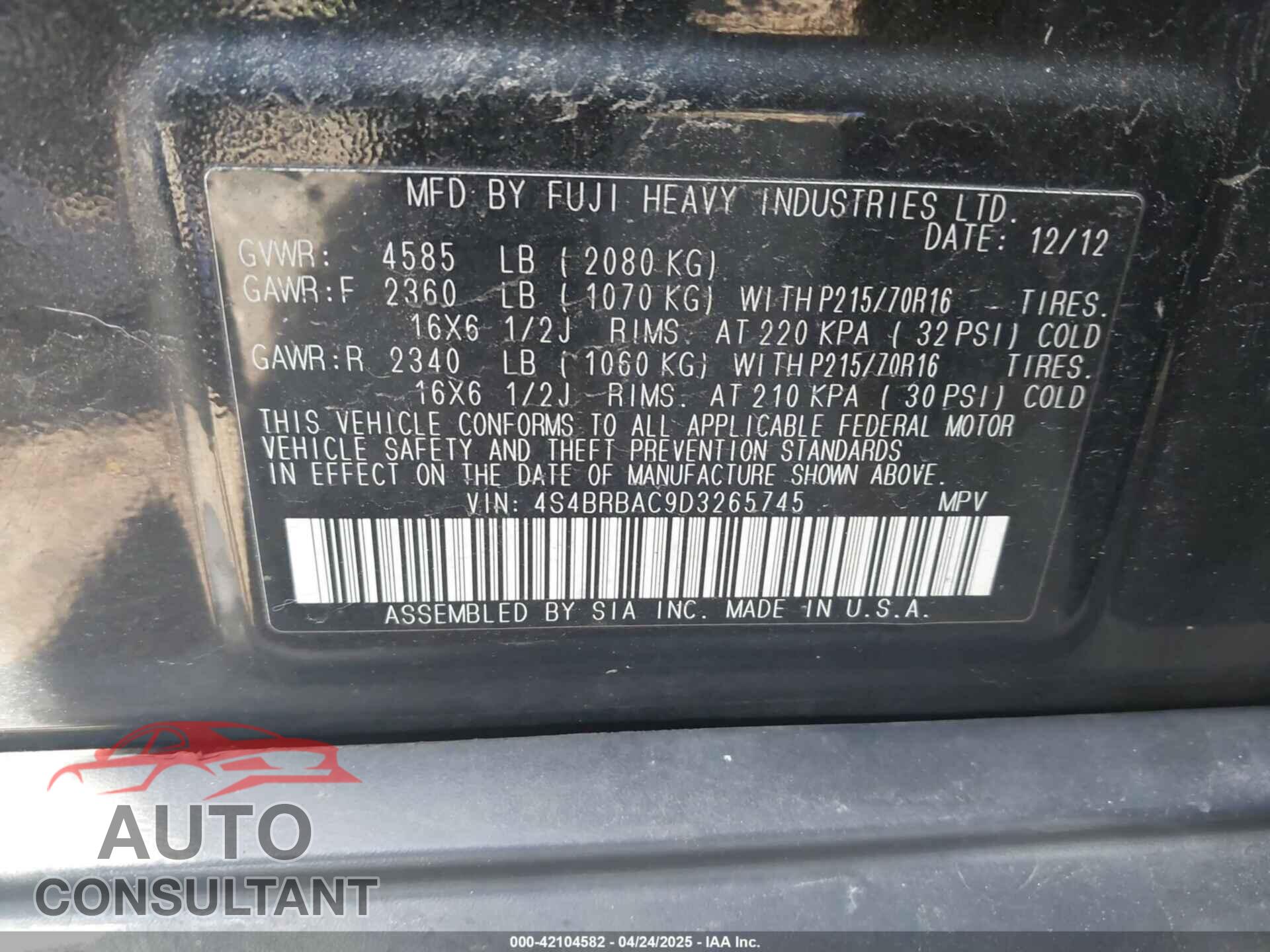SUBARU OUTBACK 2013 - 4S4BRBAC9D3265745