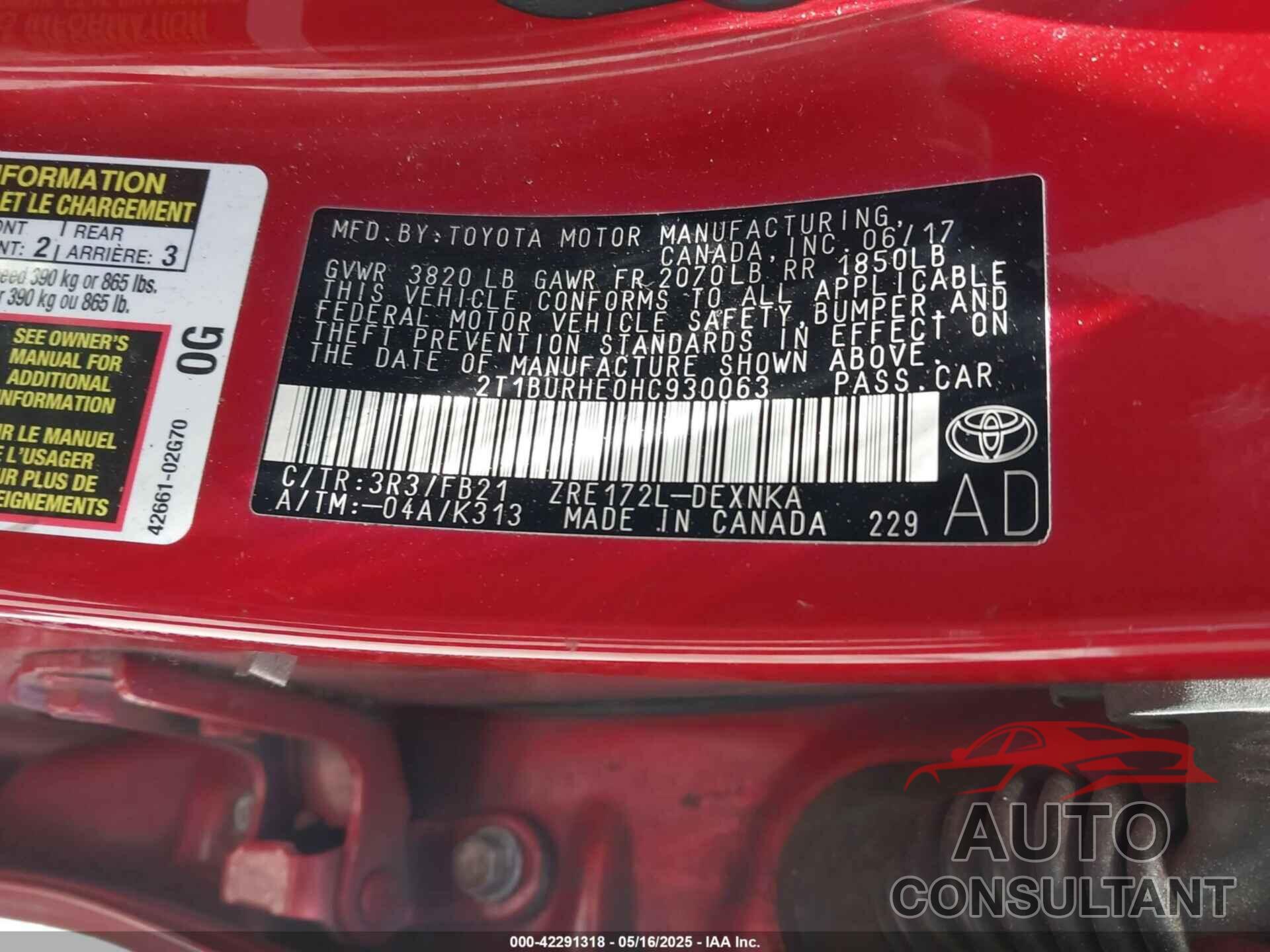 TOYOTA COROLLA 2017 - 2T1BURHE0HC930063