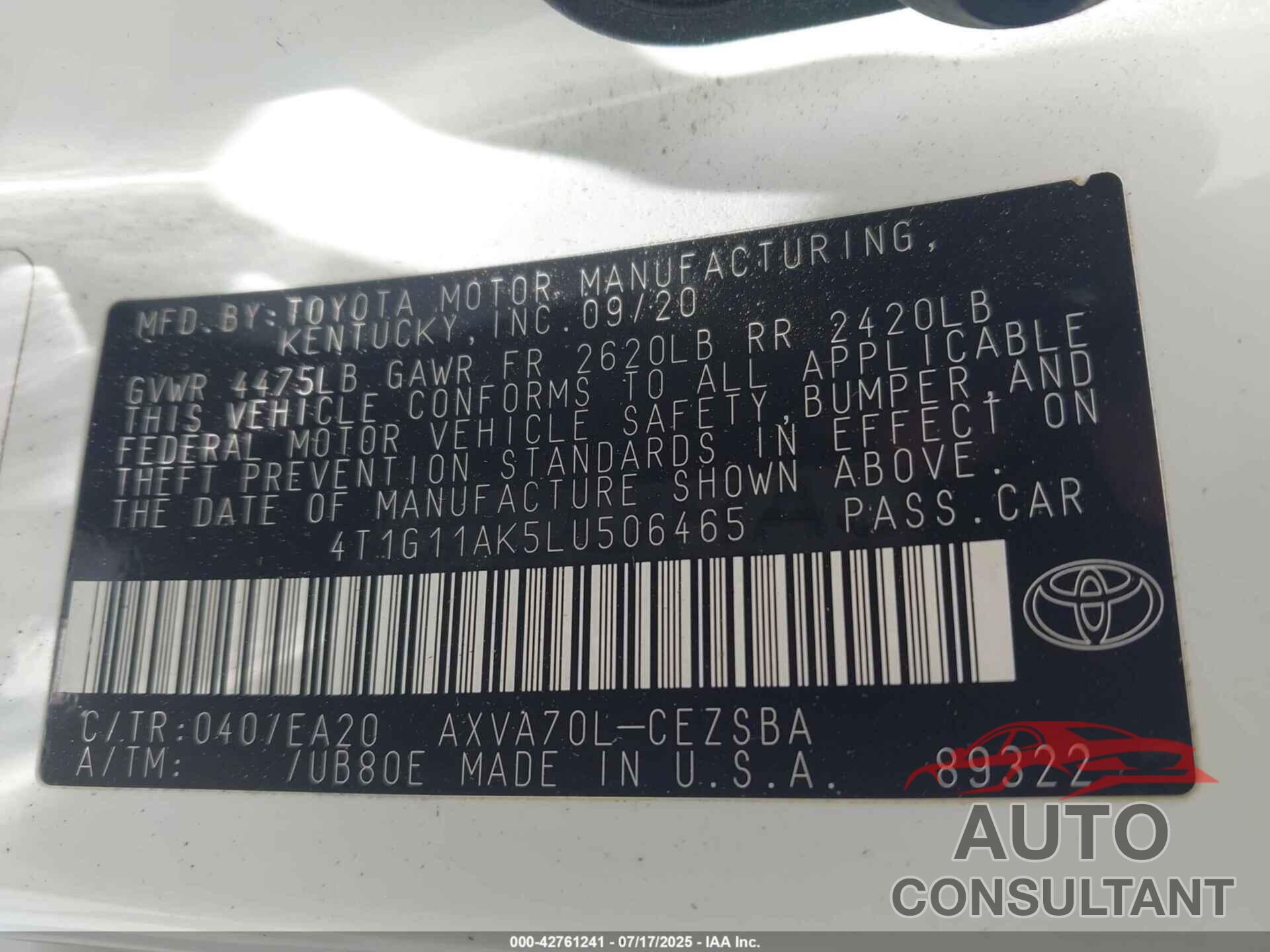 TOYOTA CAMRY 2020 - 4T1G11AK5LU506465