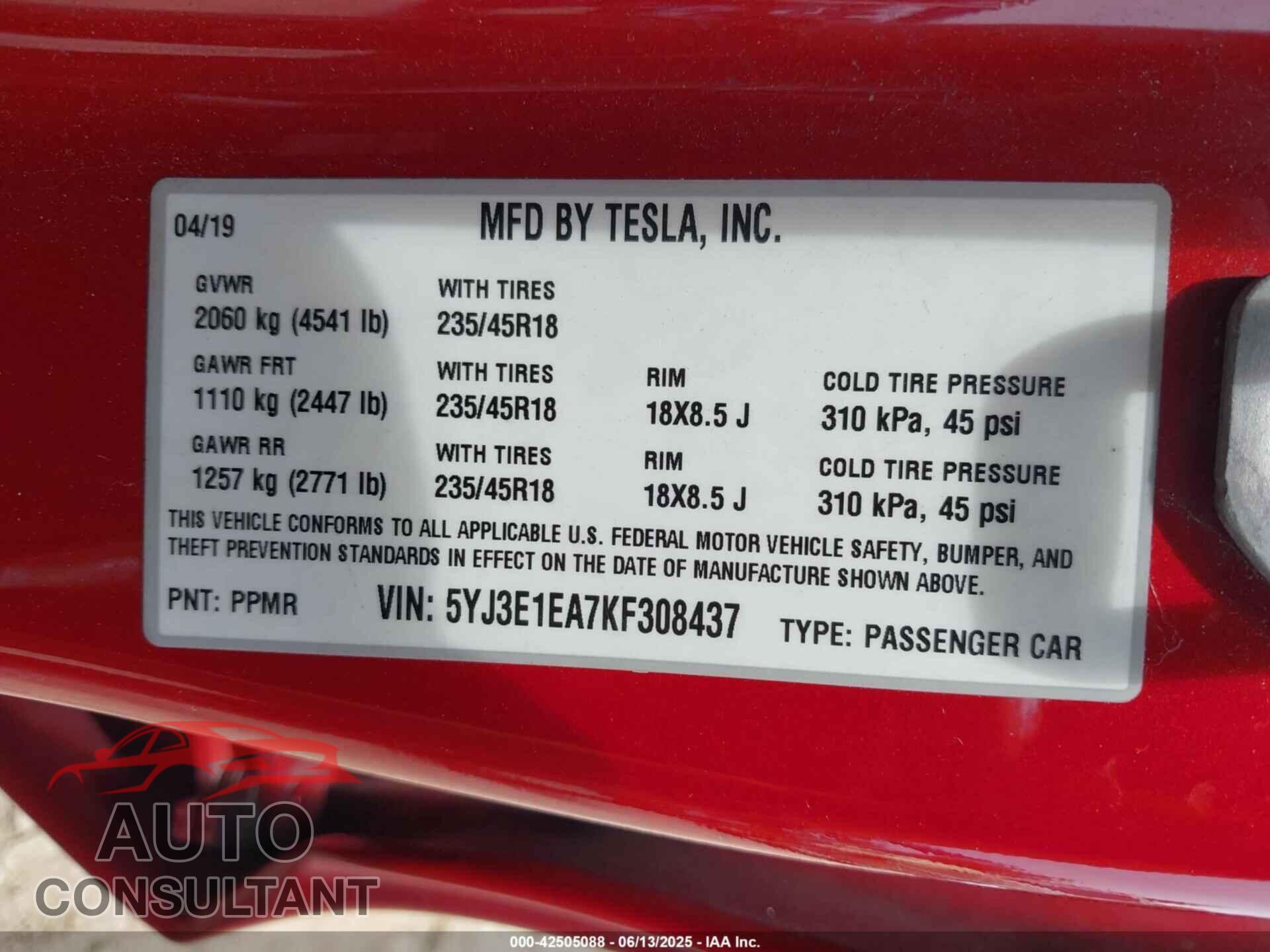 TESLA MODEL 3 2019 - 5YJ3E1EA7KF308437