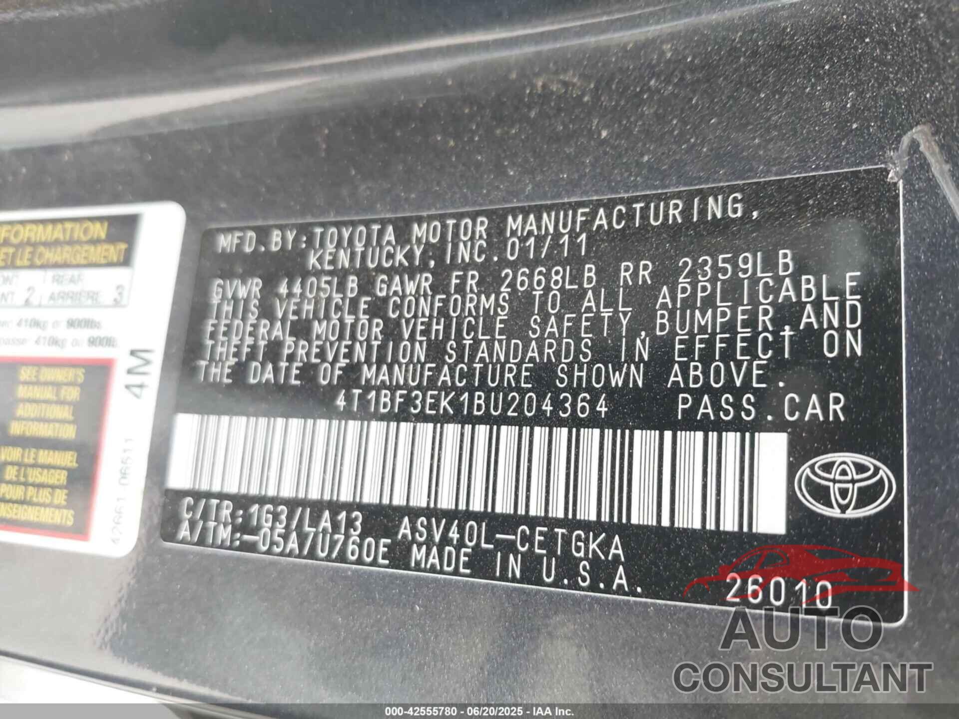 TOYOTA CAMRY 2011 - 4T1BF3EK1BU204364