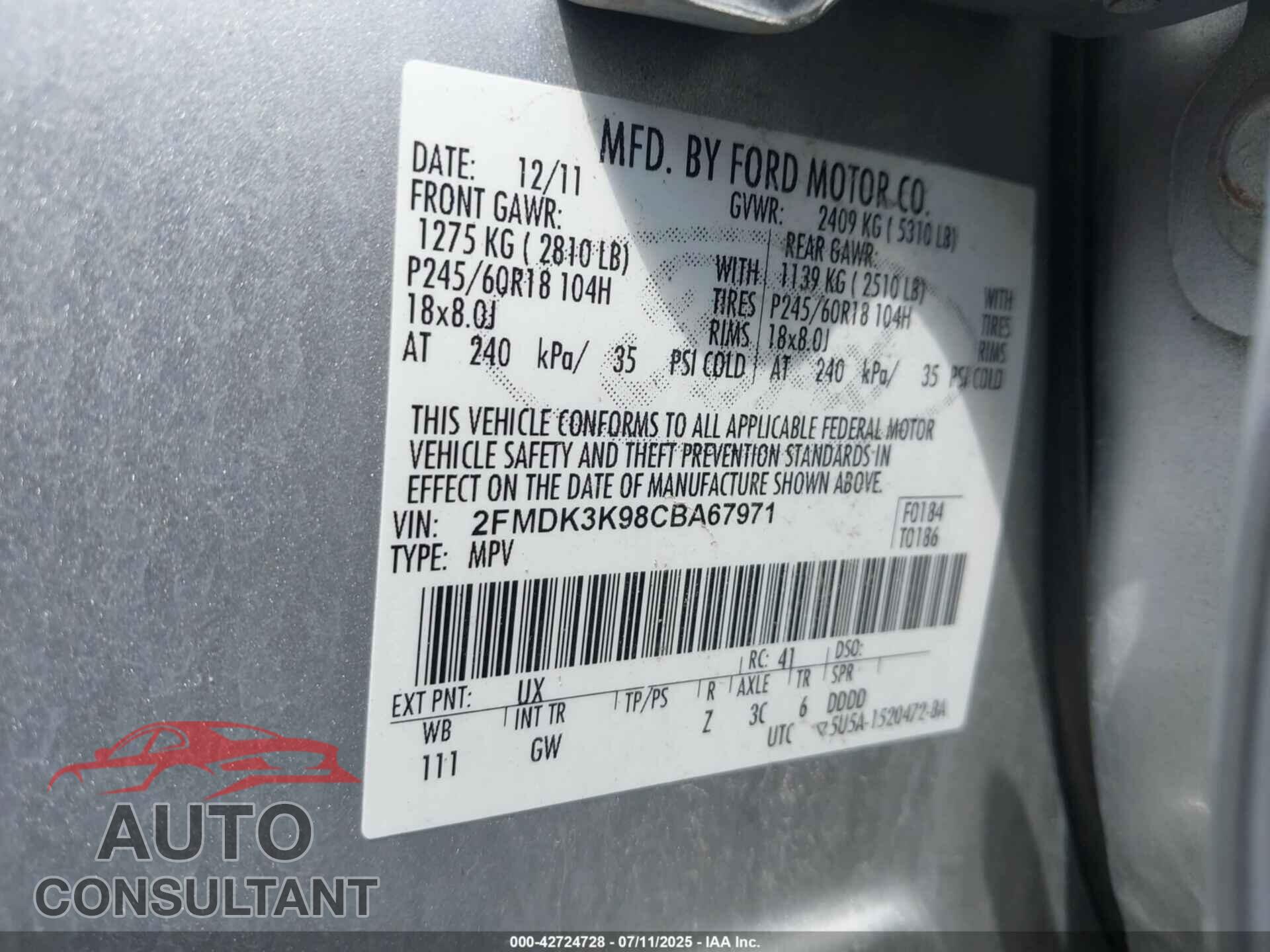 FORD EDGE 2012 - 2FMDK3K98CBA67971