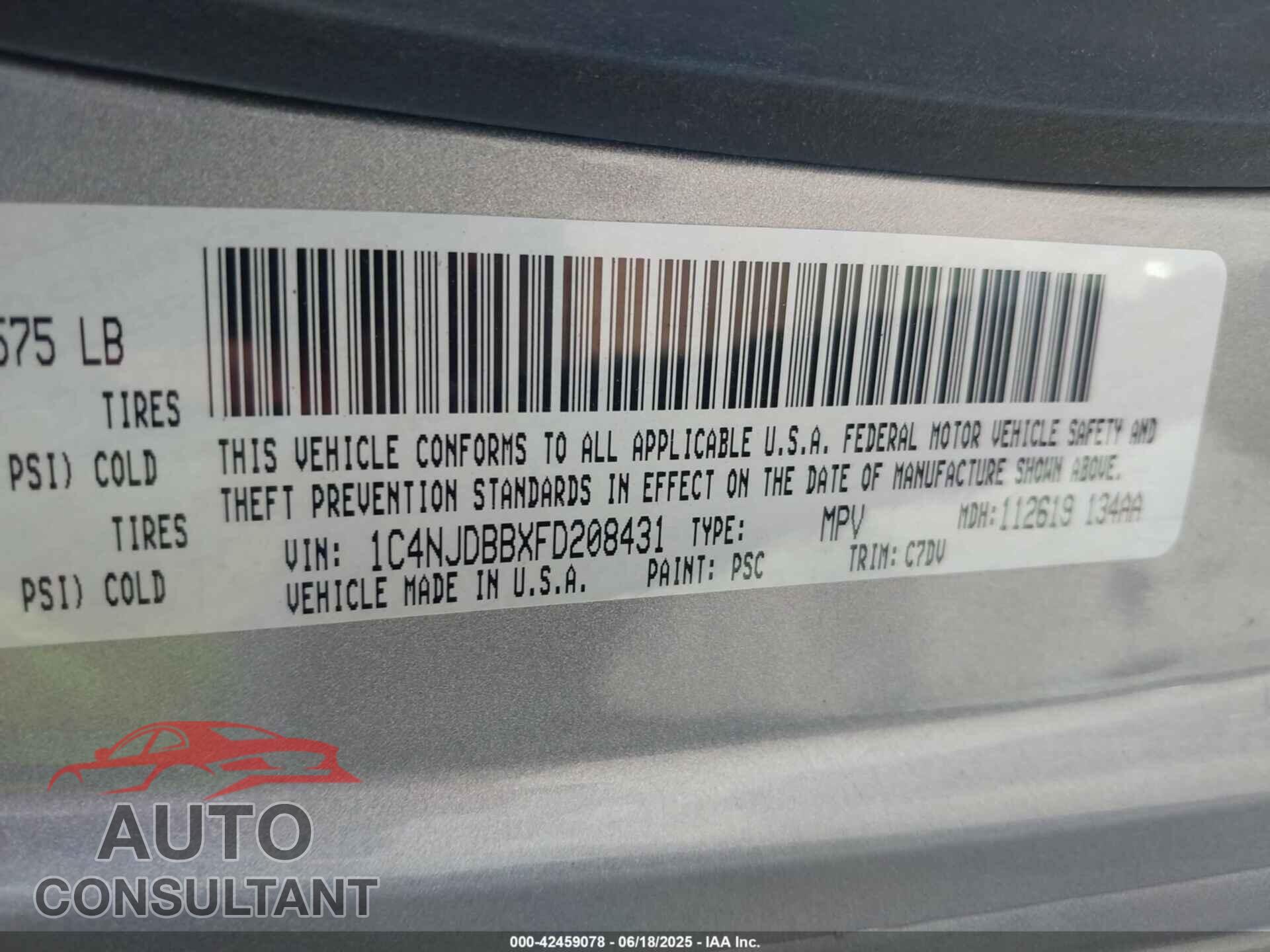 JEEP COMPASS 2015 - 1C4NJDBBXFD208431