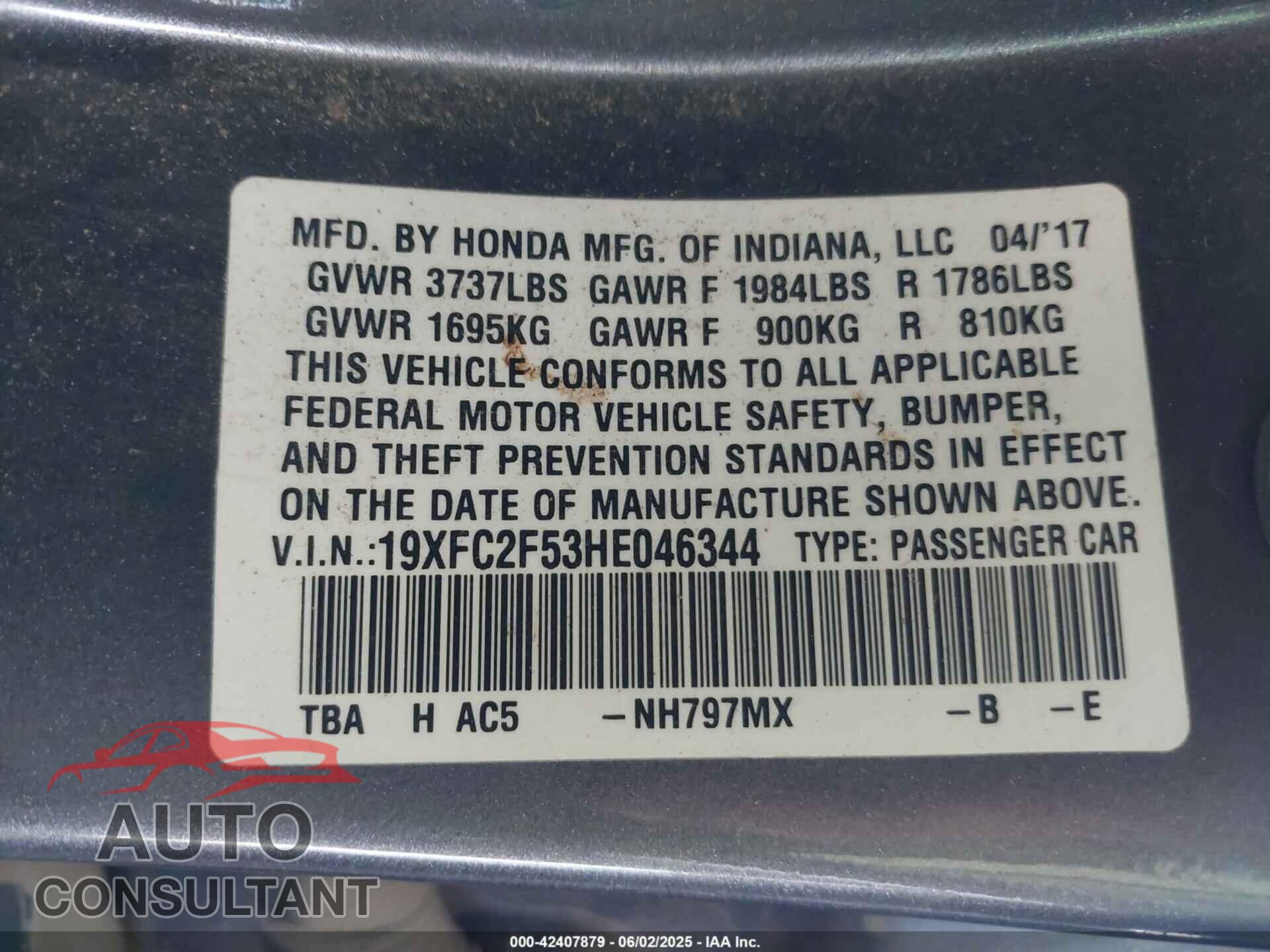 HONDA CIVIC 2017 - 19XFC2F53HE046344