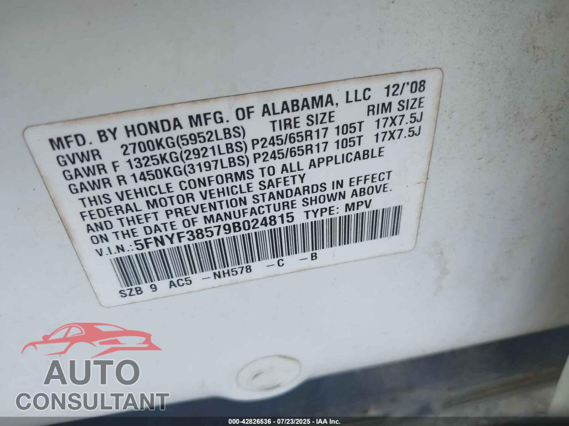 HONDA PILOT 2009 - 5FNYF38579B024815