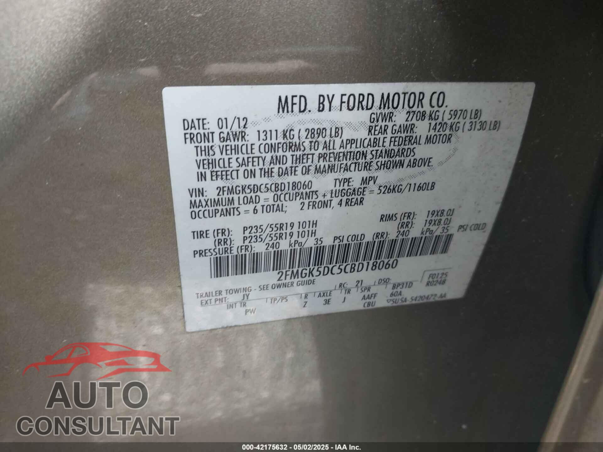 FORD FLEX 2012 - 2FMGK5DC5CBD18060