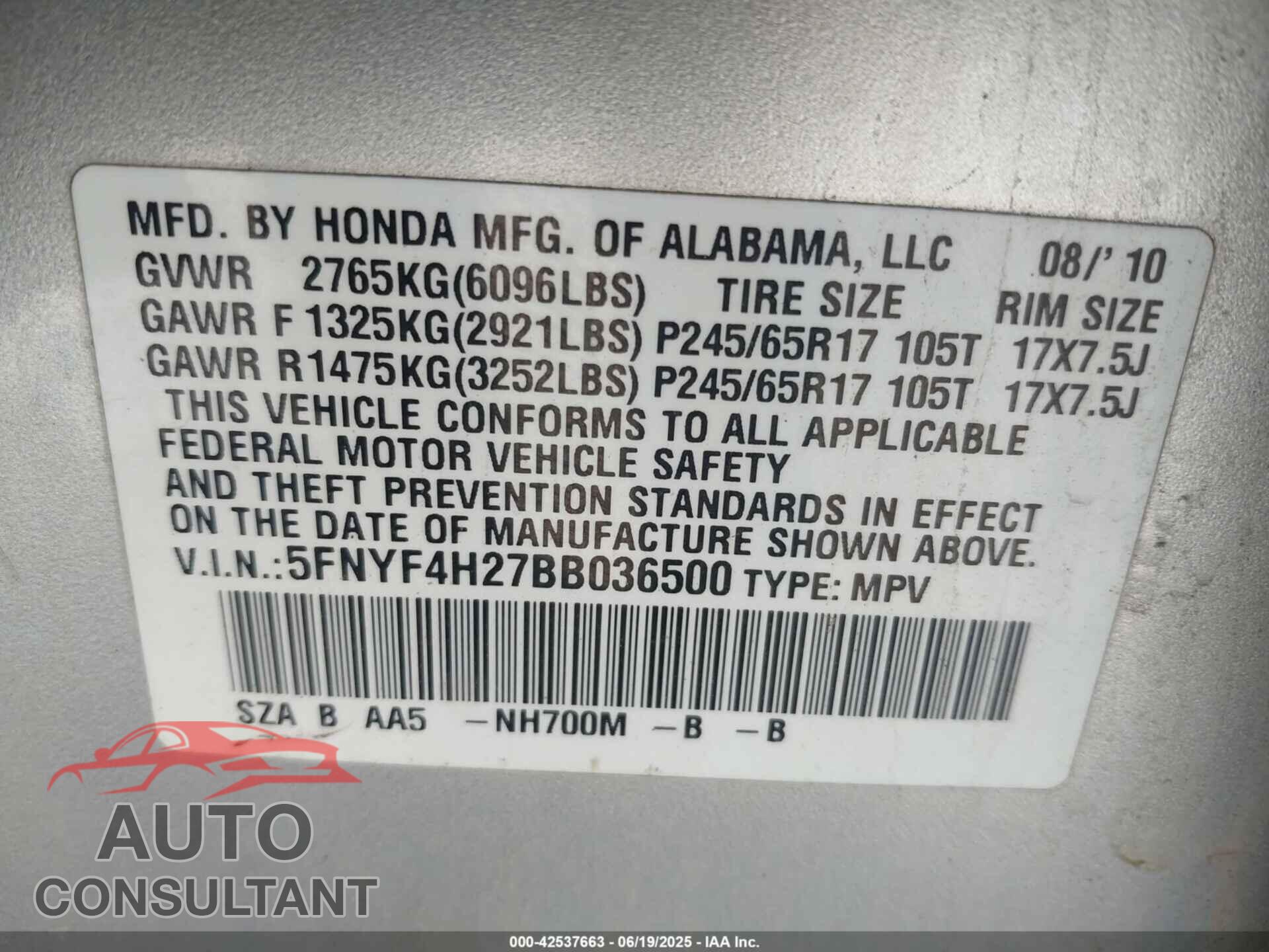 HONDA PILOT 2011 - 5FNYF4H27BB036500
