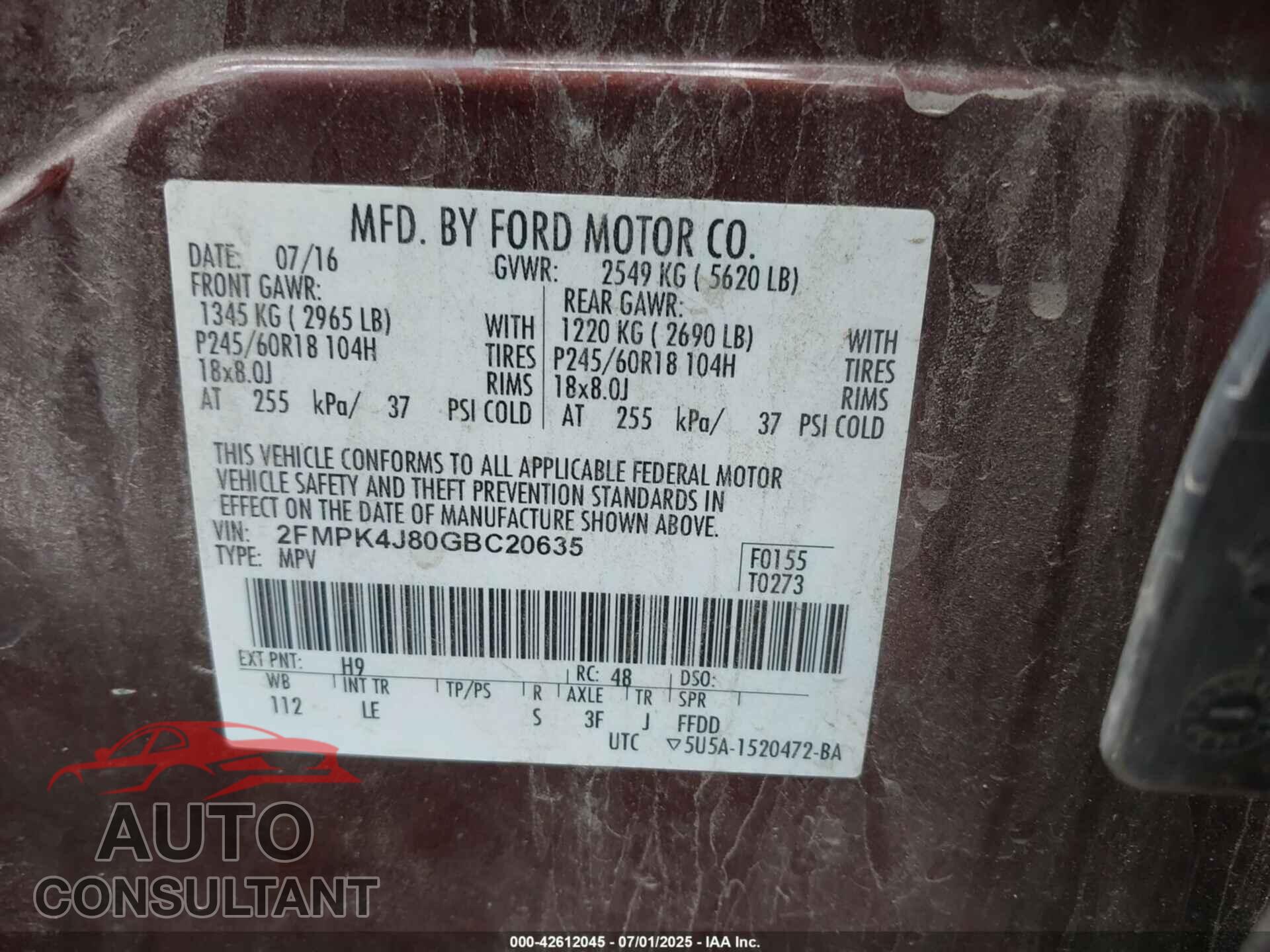 FORD EDGE 2016 - 2FMPK4J80GBC20635
