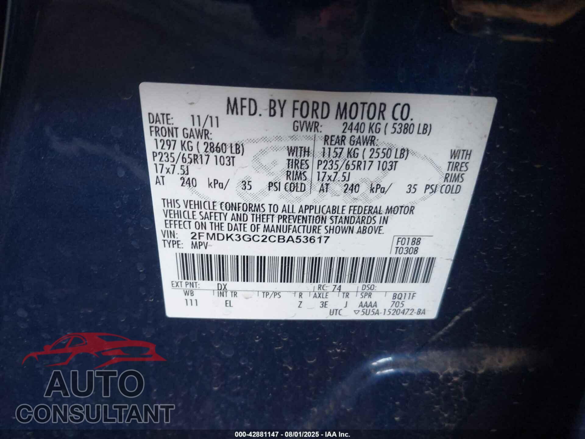 FORD EDGE 2012 - 2FMDK3GC2CBA53617