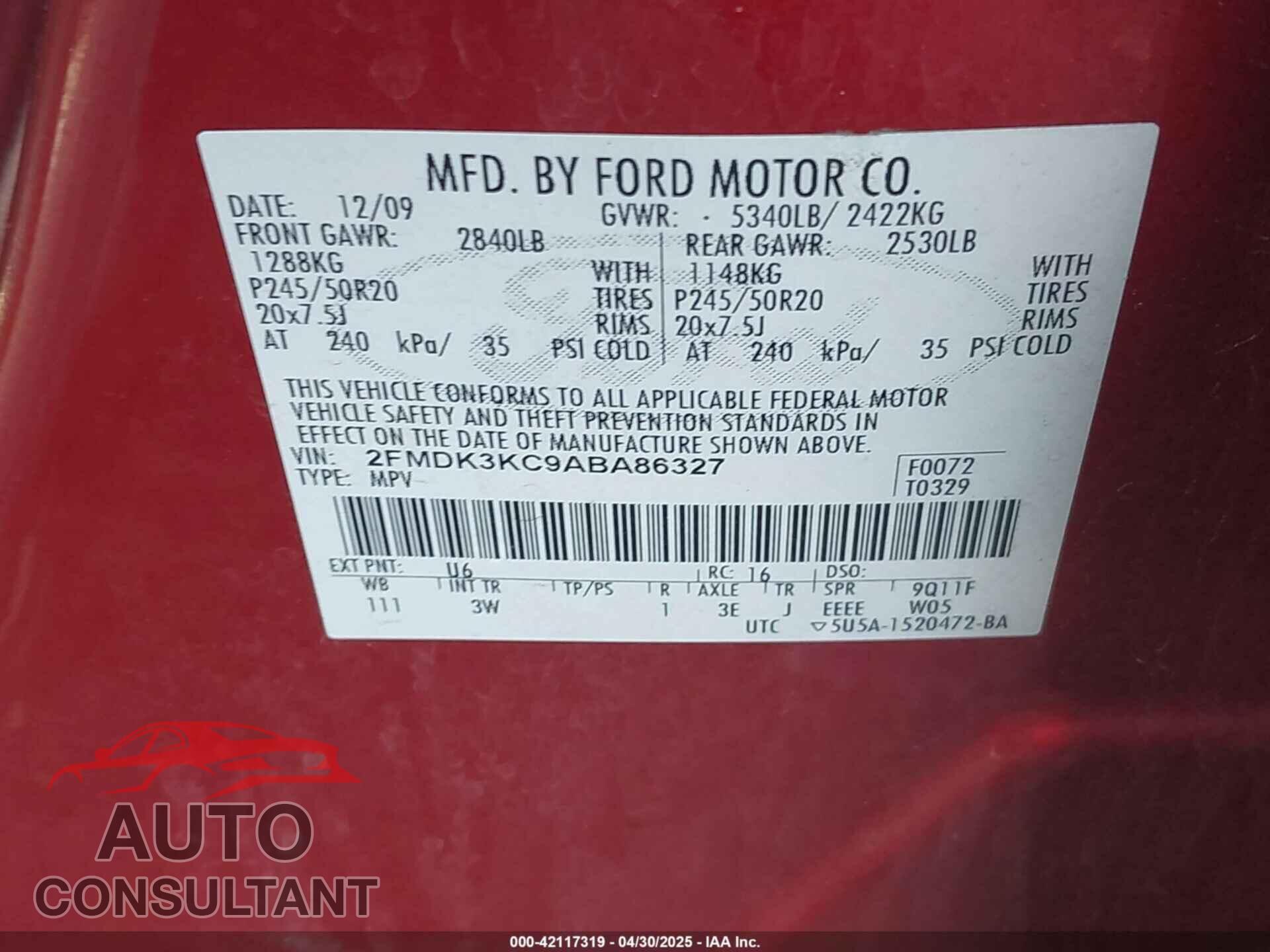 FORD EDGE 2010 - 2FMDK3KC9ABA86327