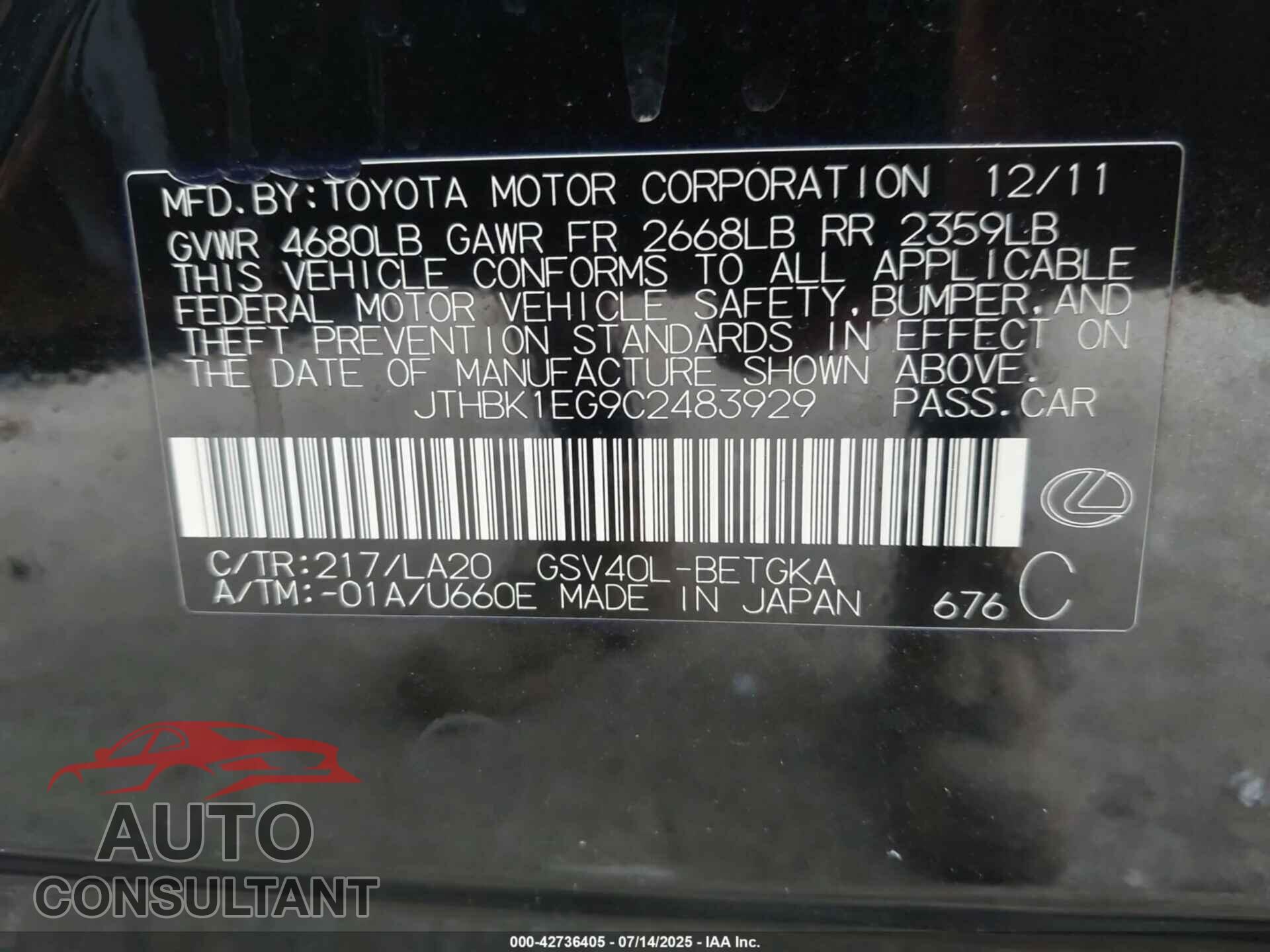 LEXUS ES 350 2012 - JTHBK1EG9C2483929