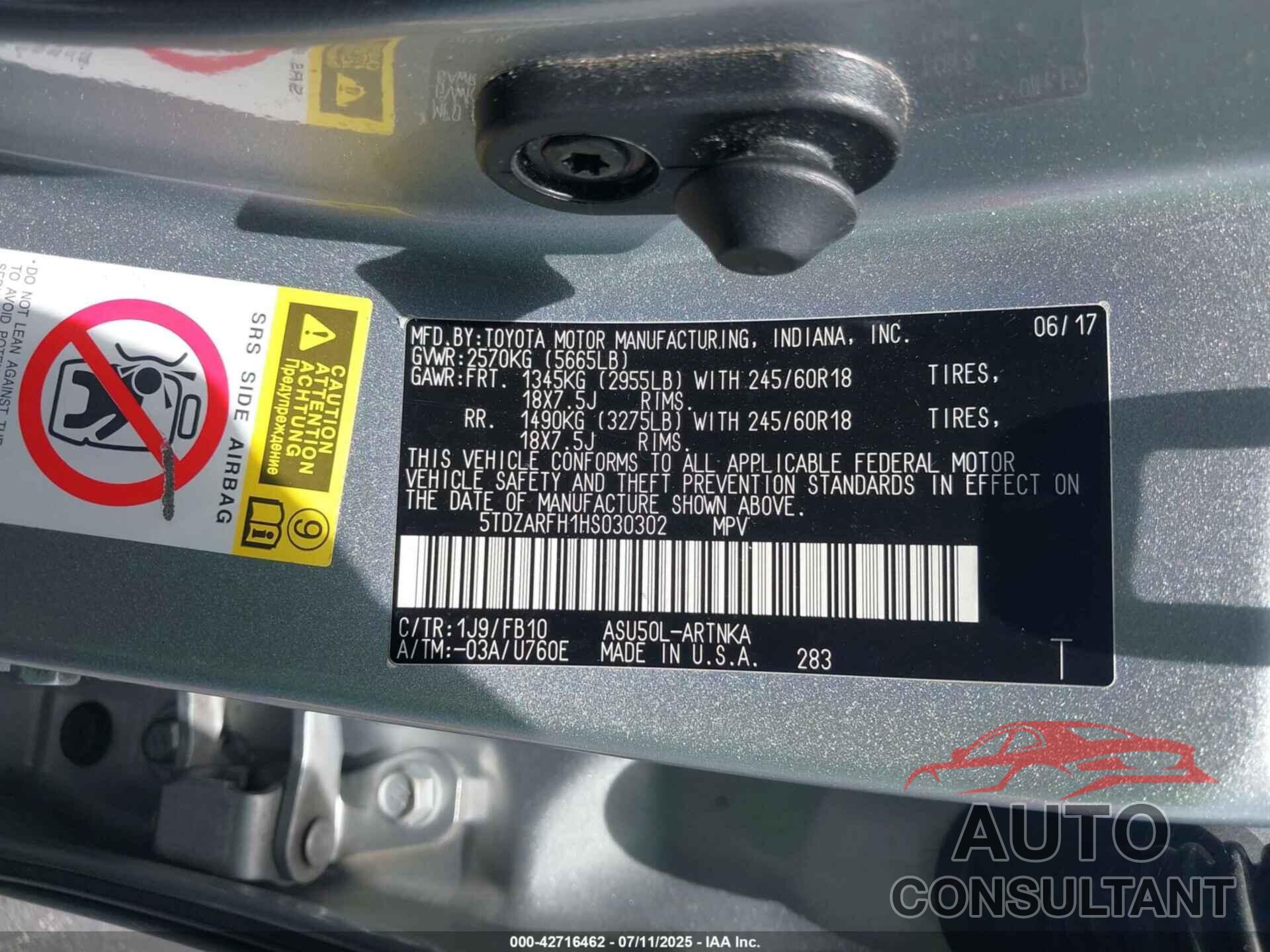 TOYOTA HIGHLANDER 2017 - 5TDZARFH1HS030302
