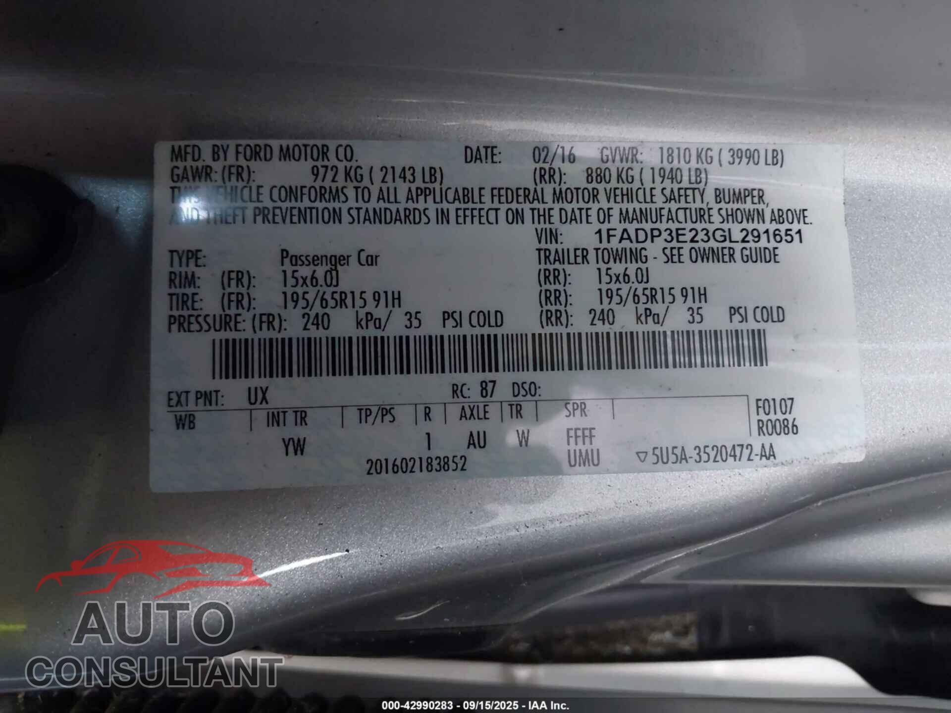 FORD FOCUS 2016 - 1FADP3E23GL291651