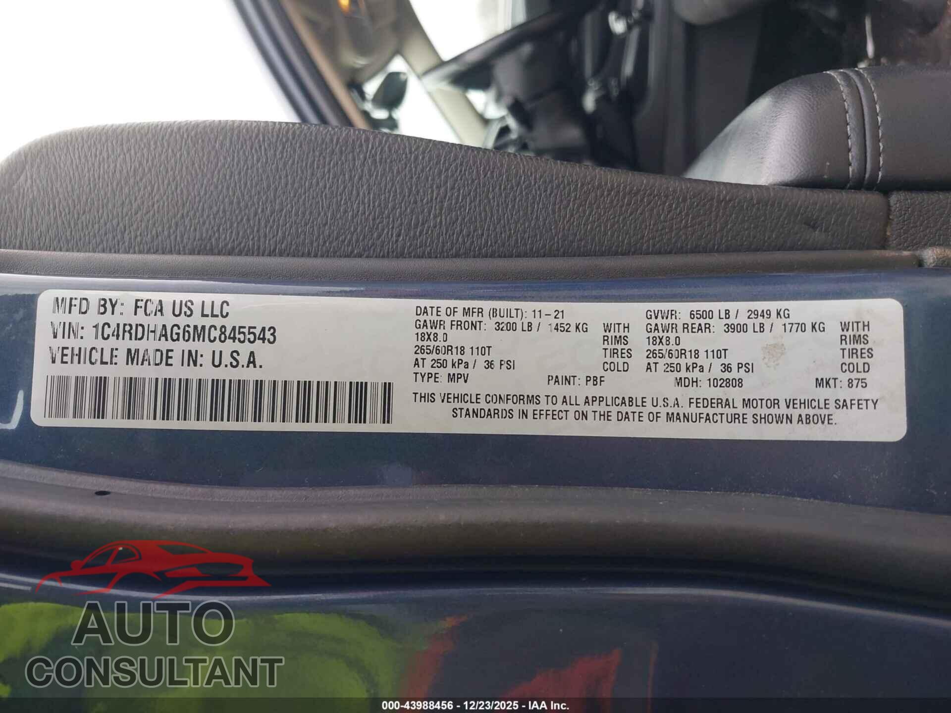 DODGE DURANGO 2021 - 1C4RDHAG6MC845543
