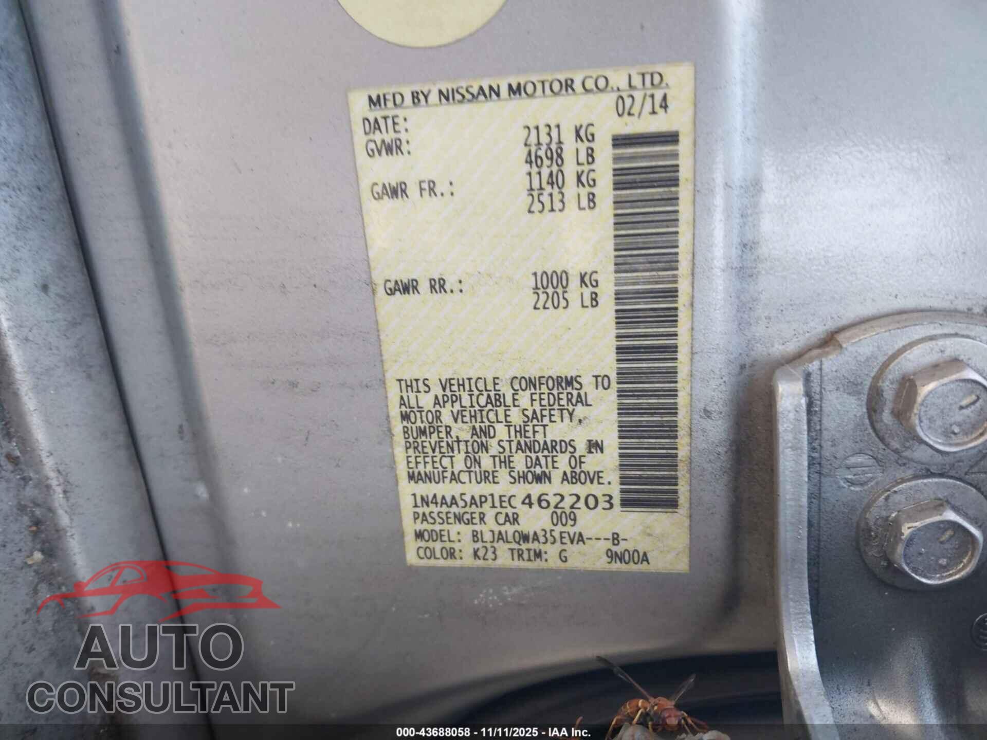 NISSAN MAXIMA 2014 - 1N4AA5AP1EC462203
