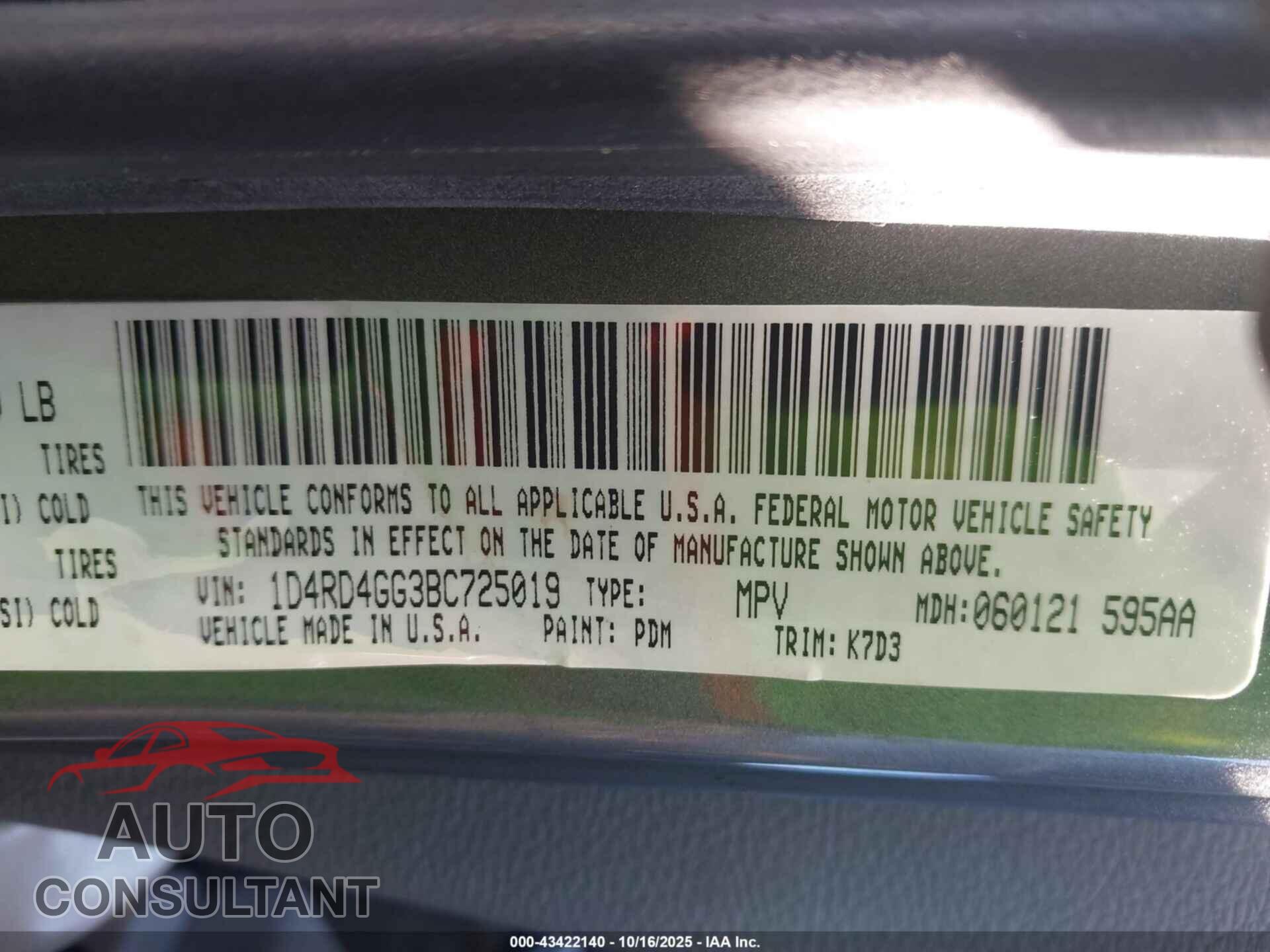 DODGE DURANGO 2011 - 1D4RD4GG3BC725019