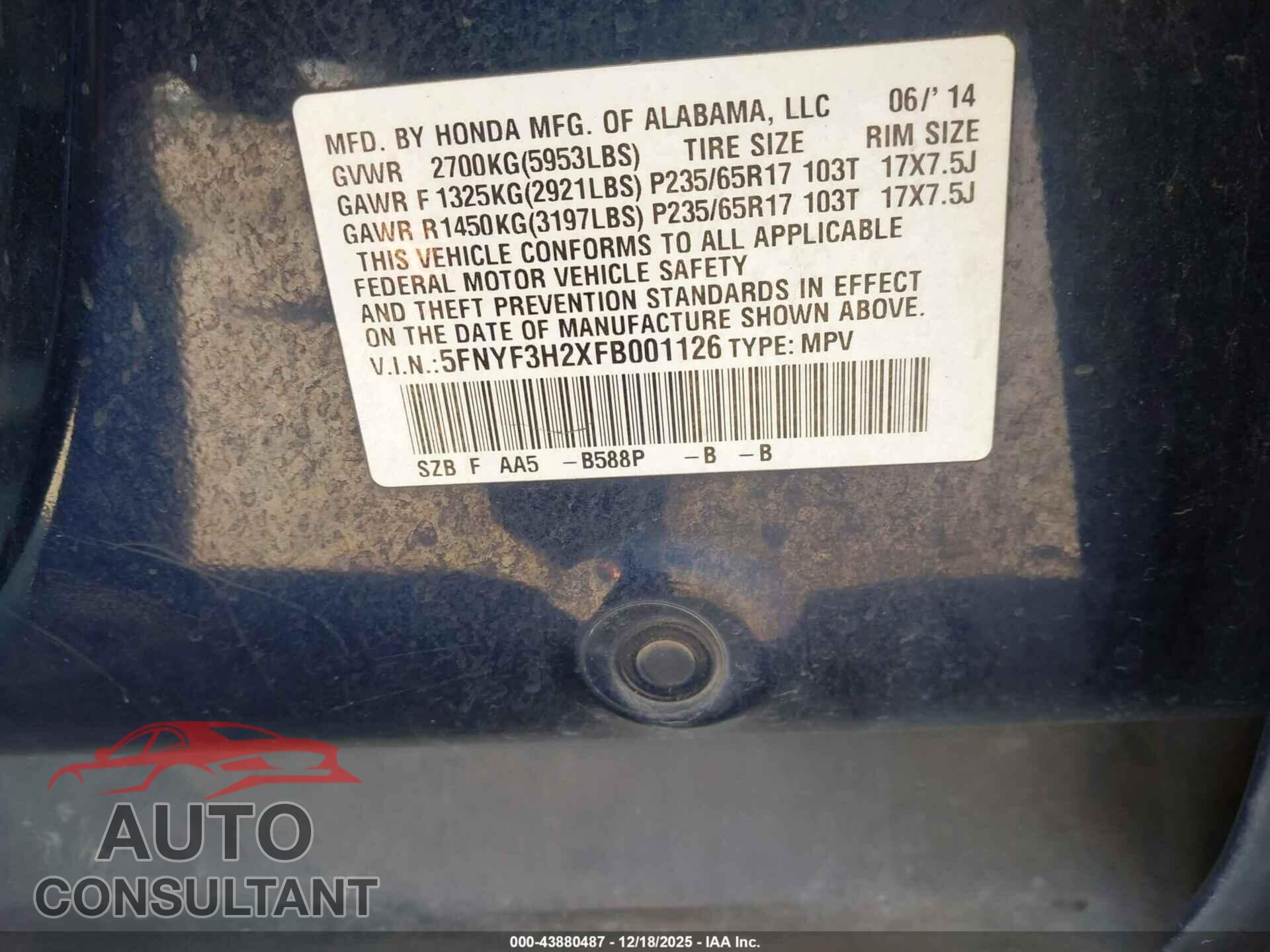 HONDA PILOT 2015 - 5FNYF3H2XFB001126