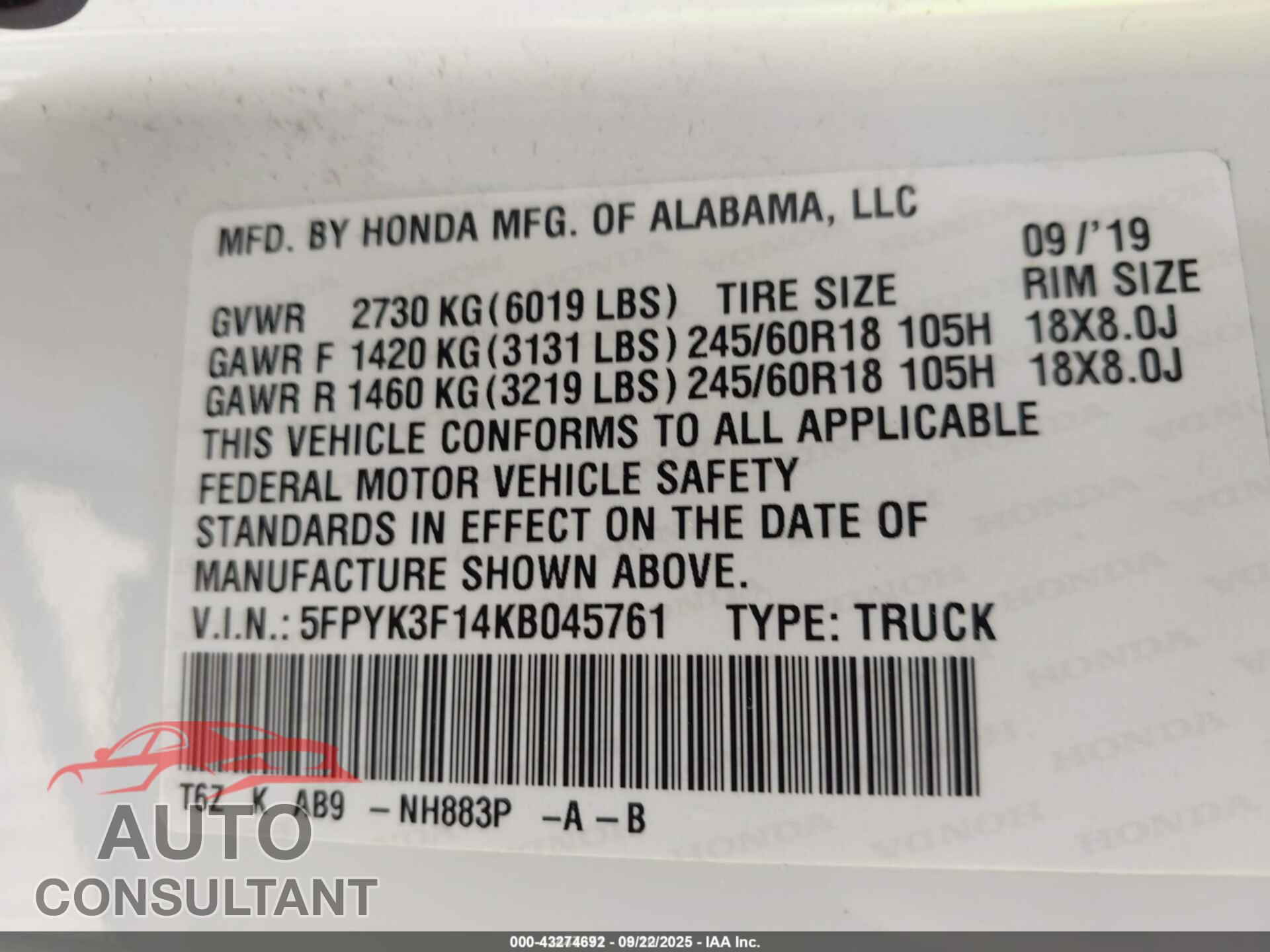 HONDA RIDGELINE 2019 - 5FPYK3F14KB045761