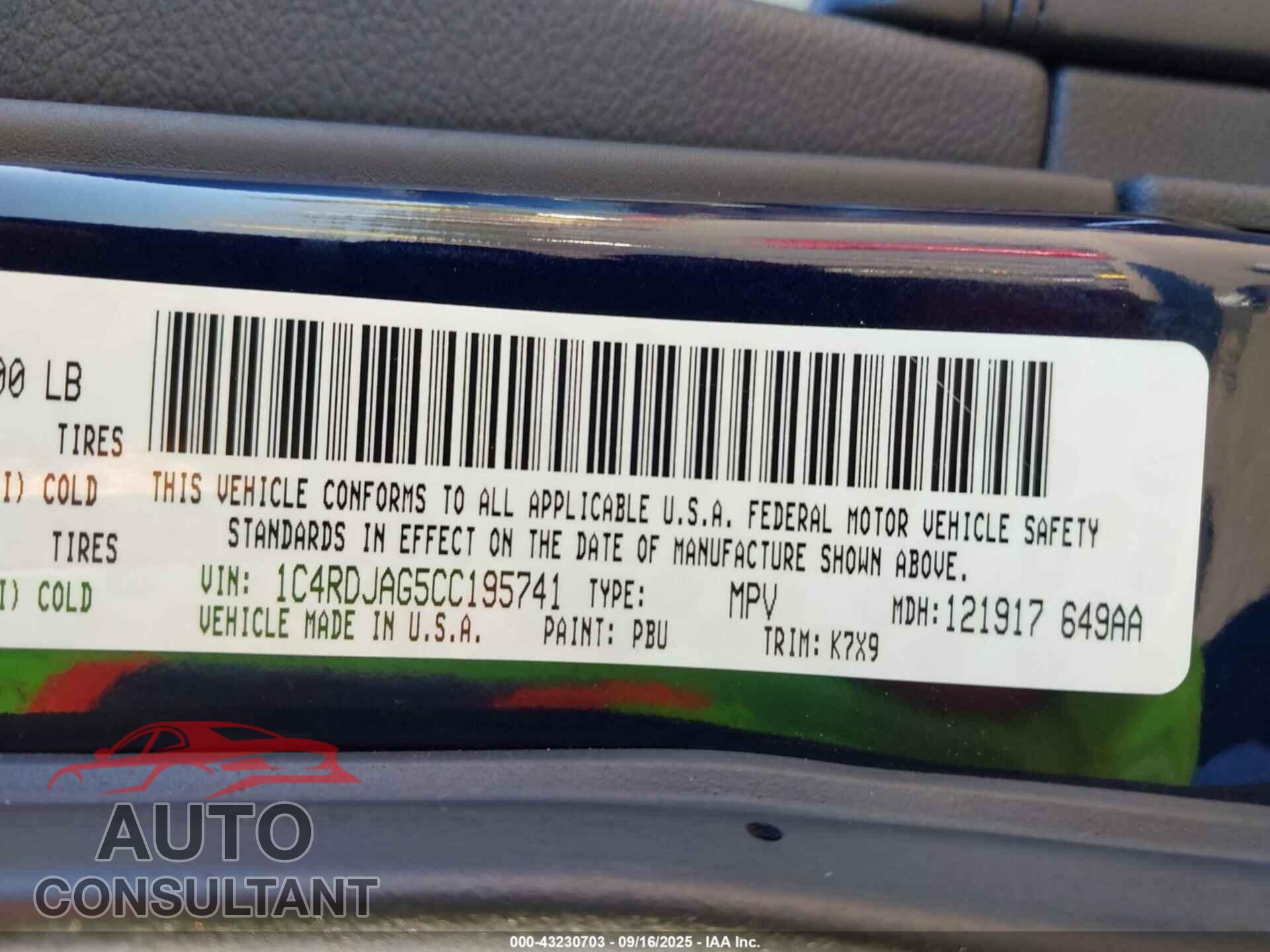 DODGE DURANGO 2012 - 1C4RDJAG5CC195741