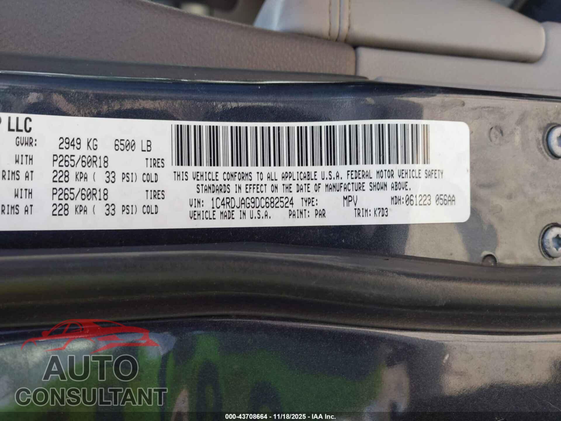 DODGE DURANGO 2013 - 1C4RDJAG9DC682524