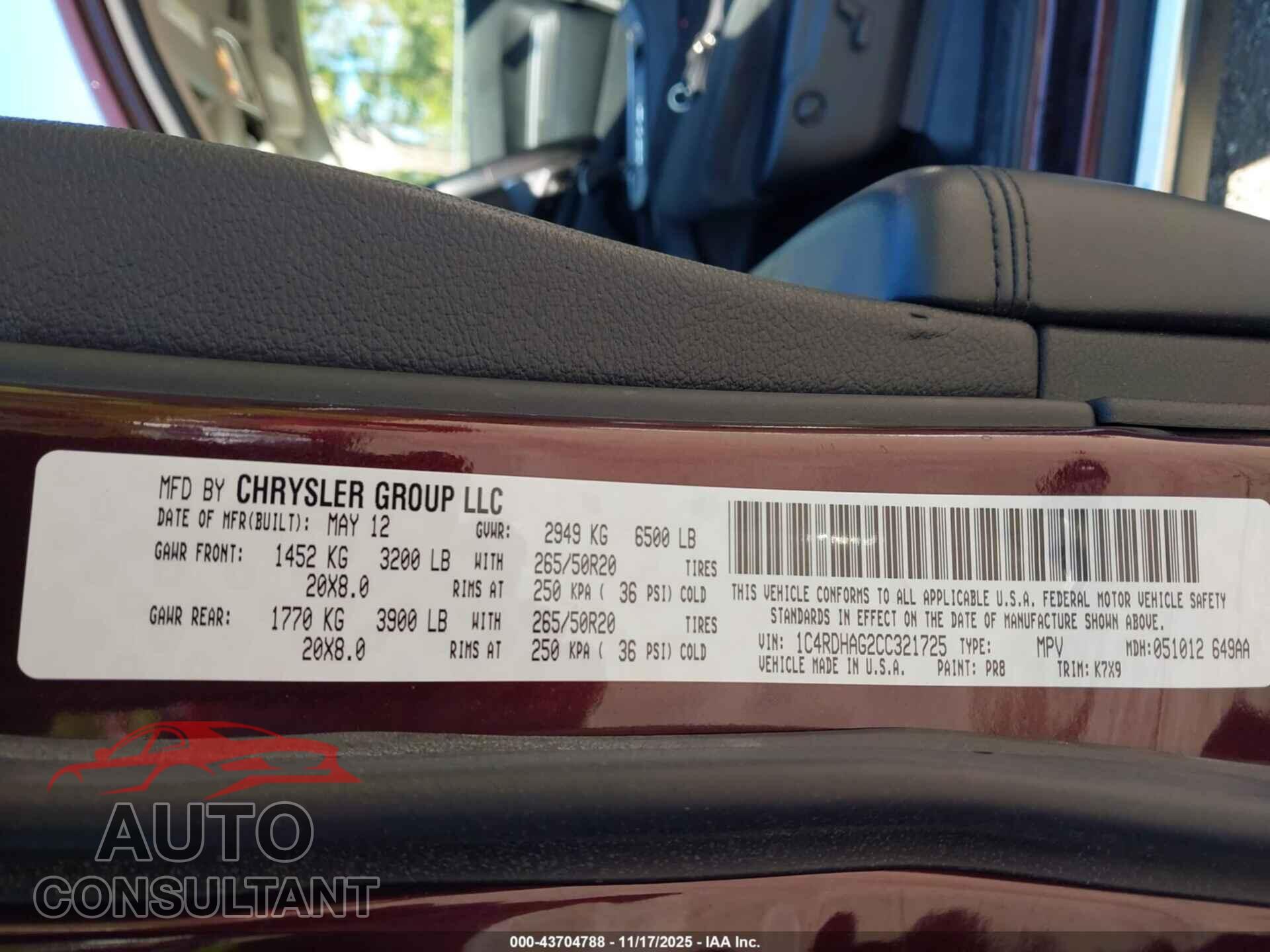 DODGE DURANGO 2012 - 1C4RDHAG2CC321725