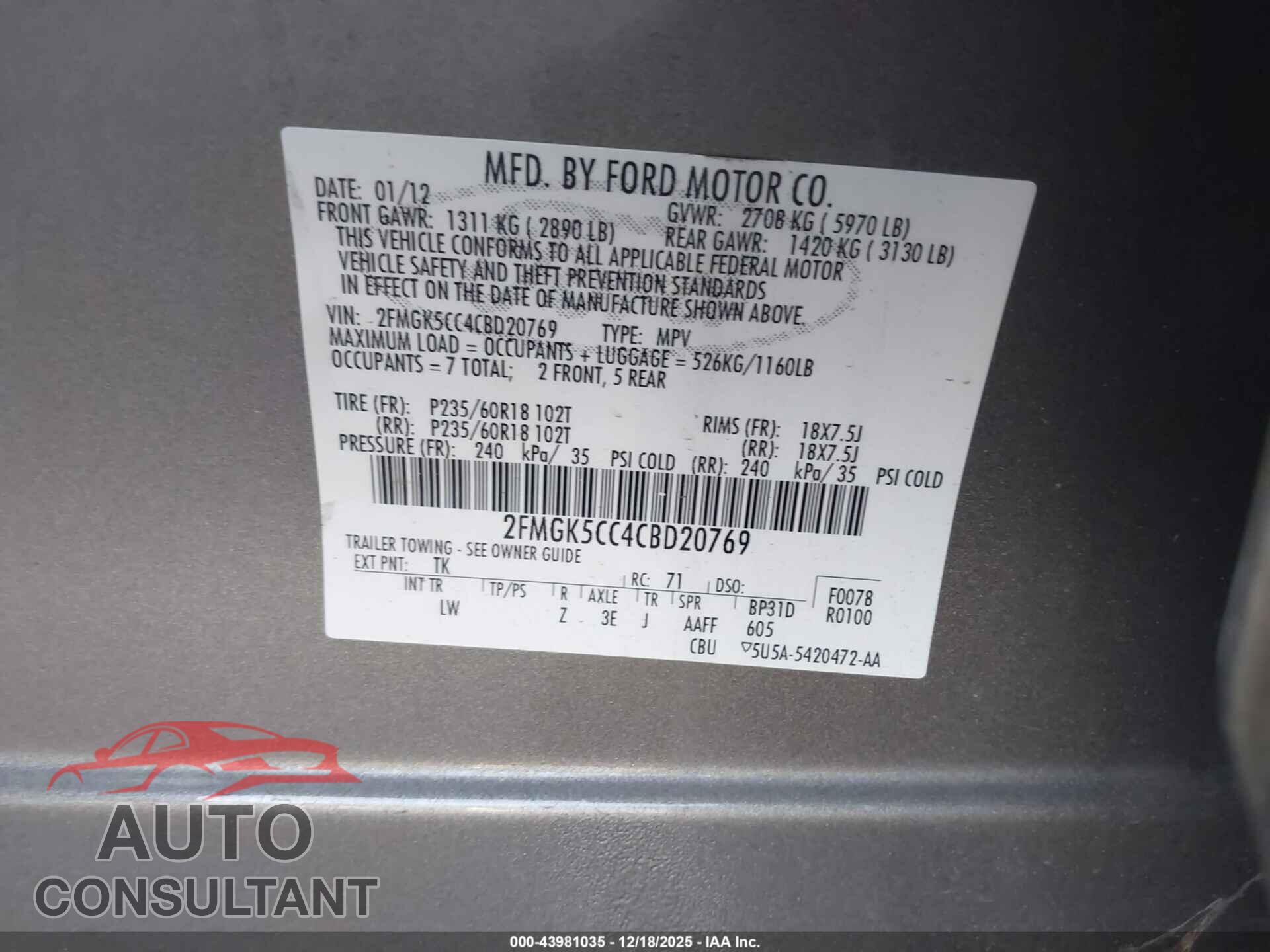 FORD FLEX 2012 - 2FMGK5CC4CBD20769
