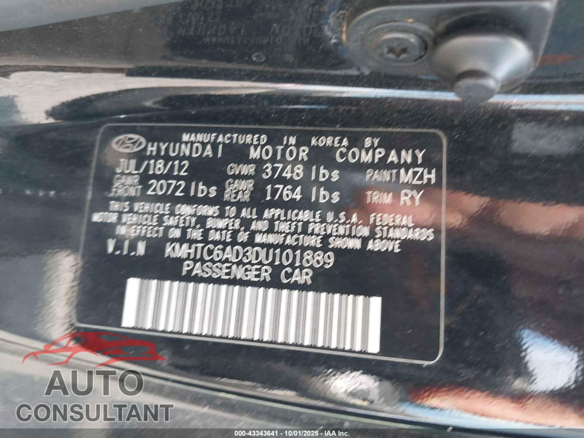 HYUNDAI VELOSTER 2013 - KMHTC6AD3DU101889