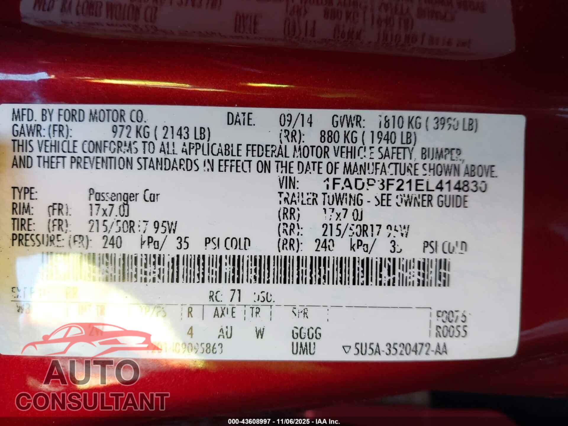 FORD FOCUS 2014 - 1FADP3F21EL414830
