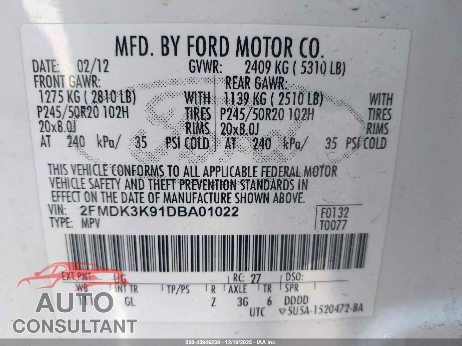 FORD EDGE 2013 - 2FMDK3K91DBA01022
