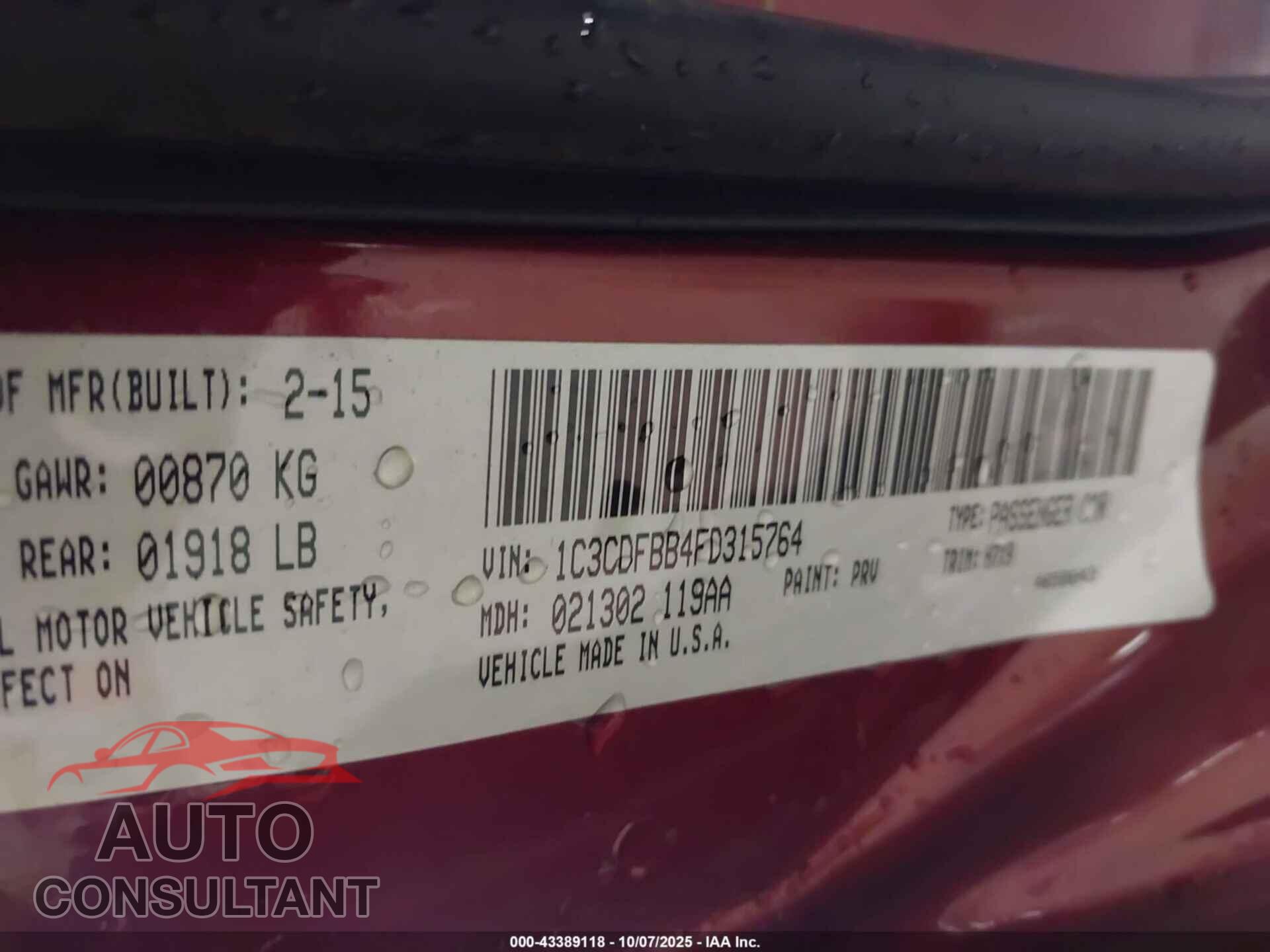DODGE DART 2015 - 1C3CDFBB4FD315764