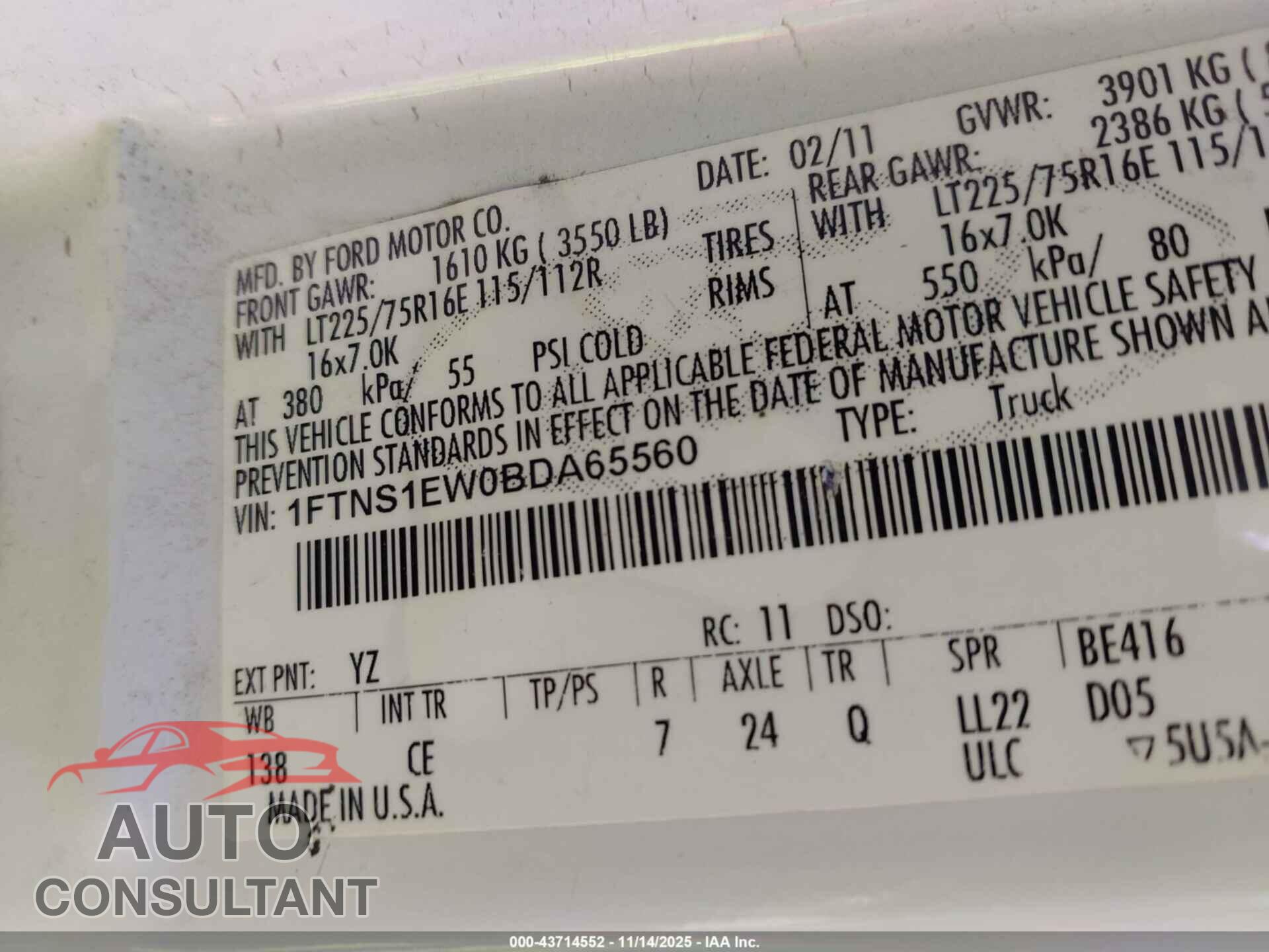 FORD E-150 2011 - 1FTNS1EW0BDA65560
