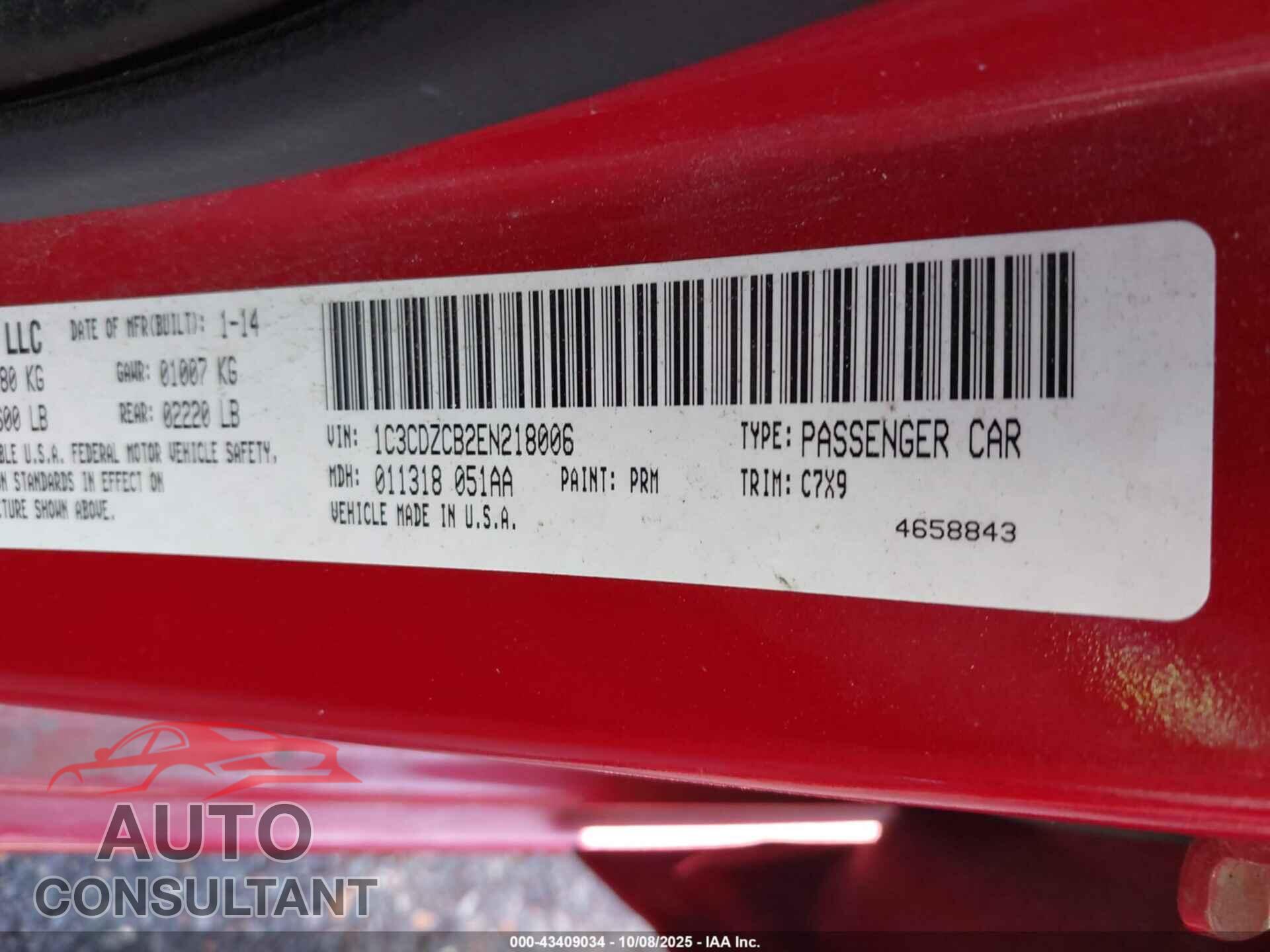 DODGE AVENGER 2014 - 1C3CDZCB2EN218006