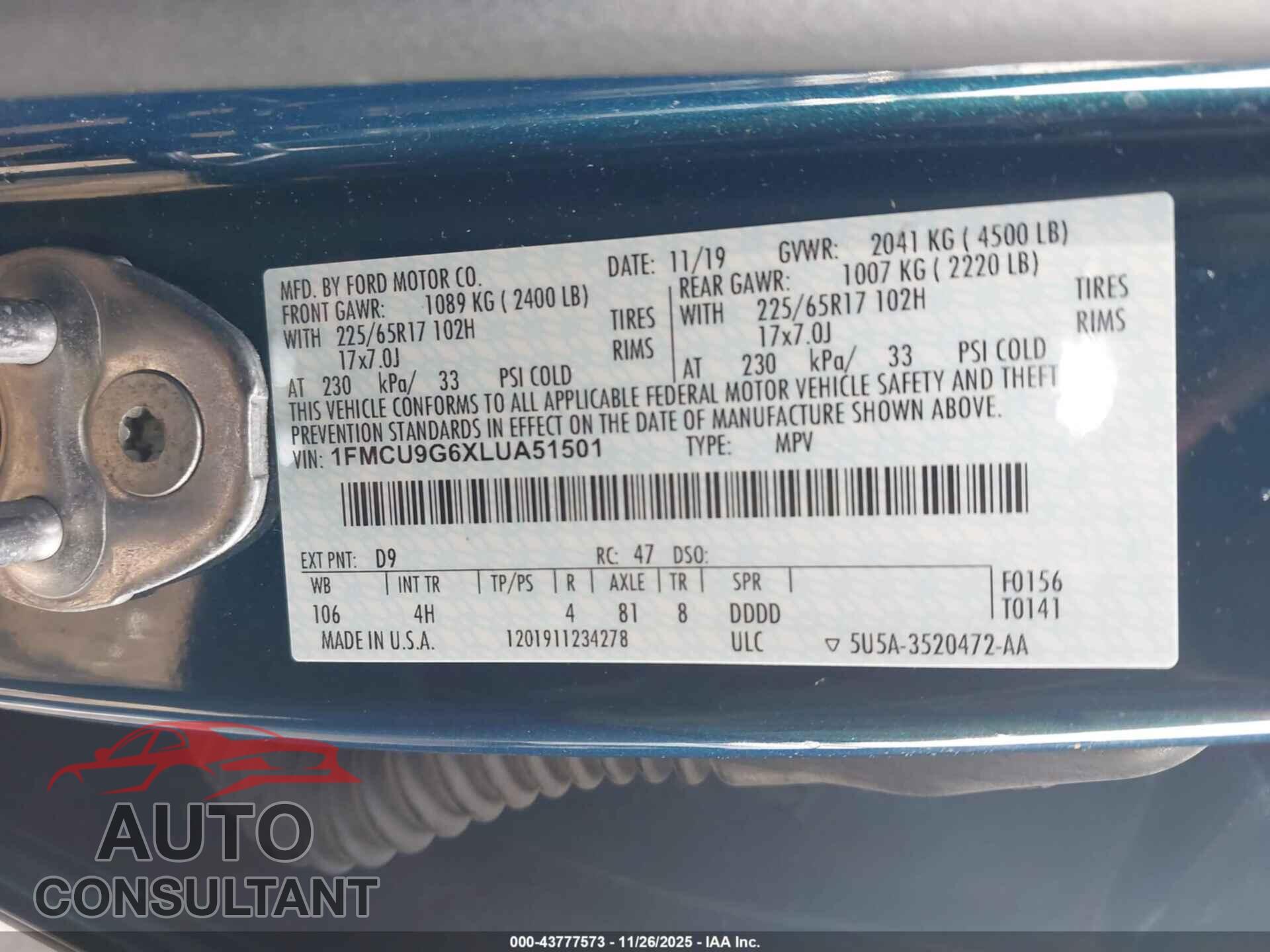 FORD ESCAPE 2020 - 1FMCU9G6XLUA51501