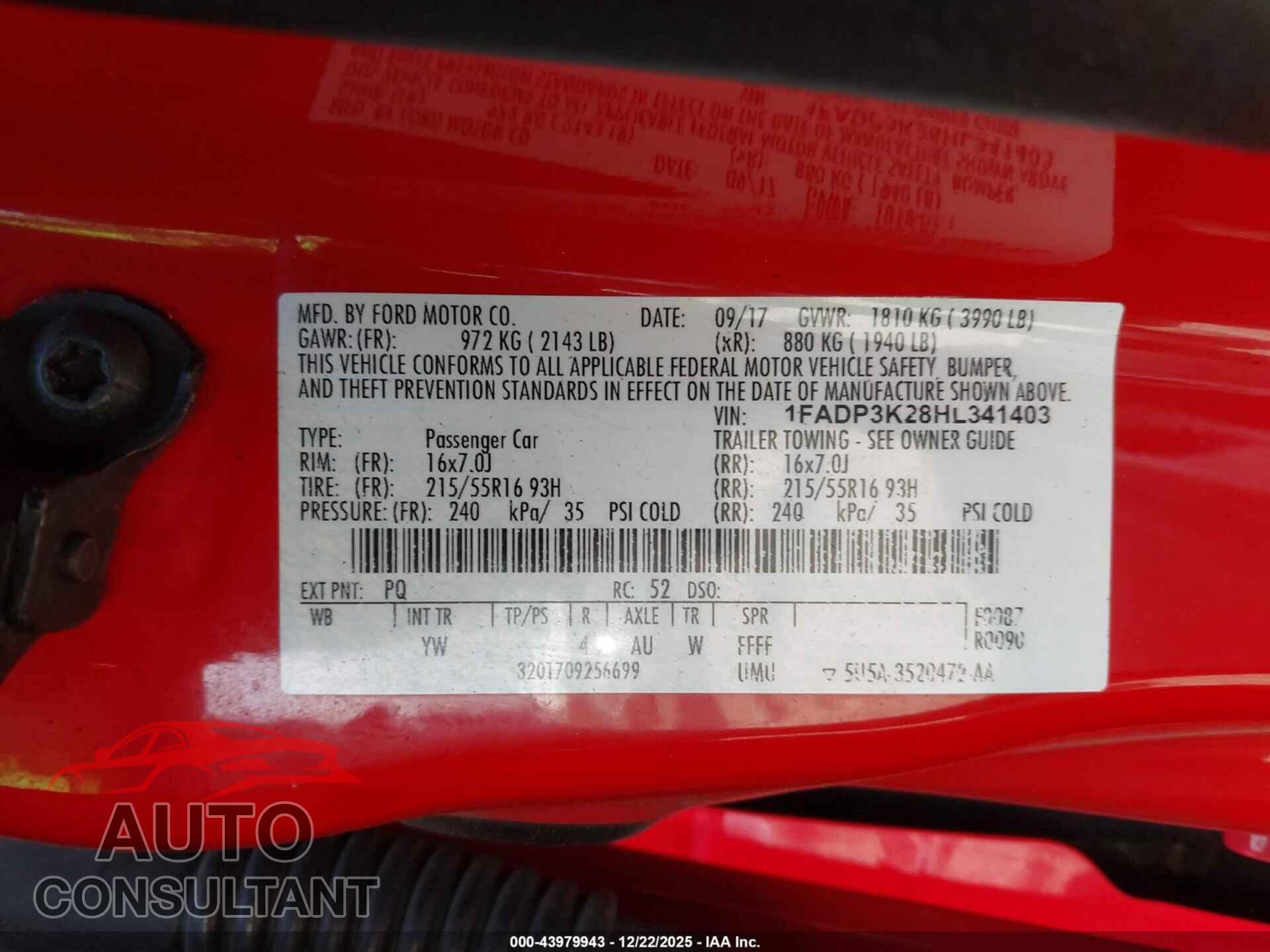FORD FOCUS 2017 - 1FADP3K28HL341403
