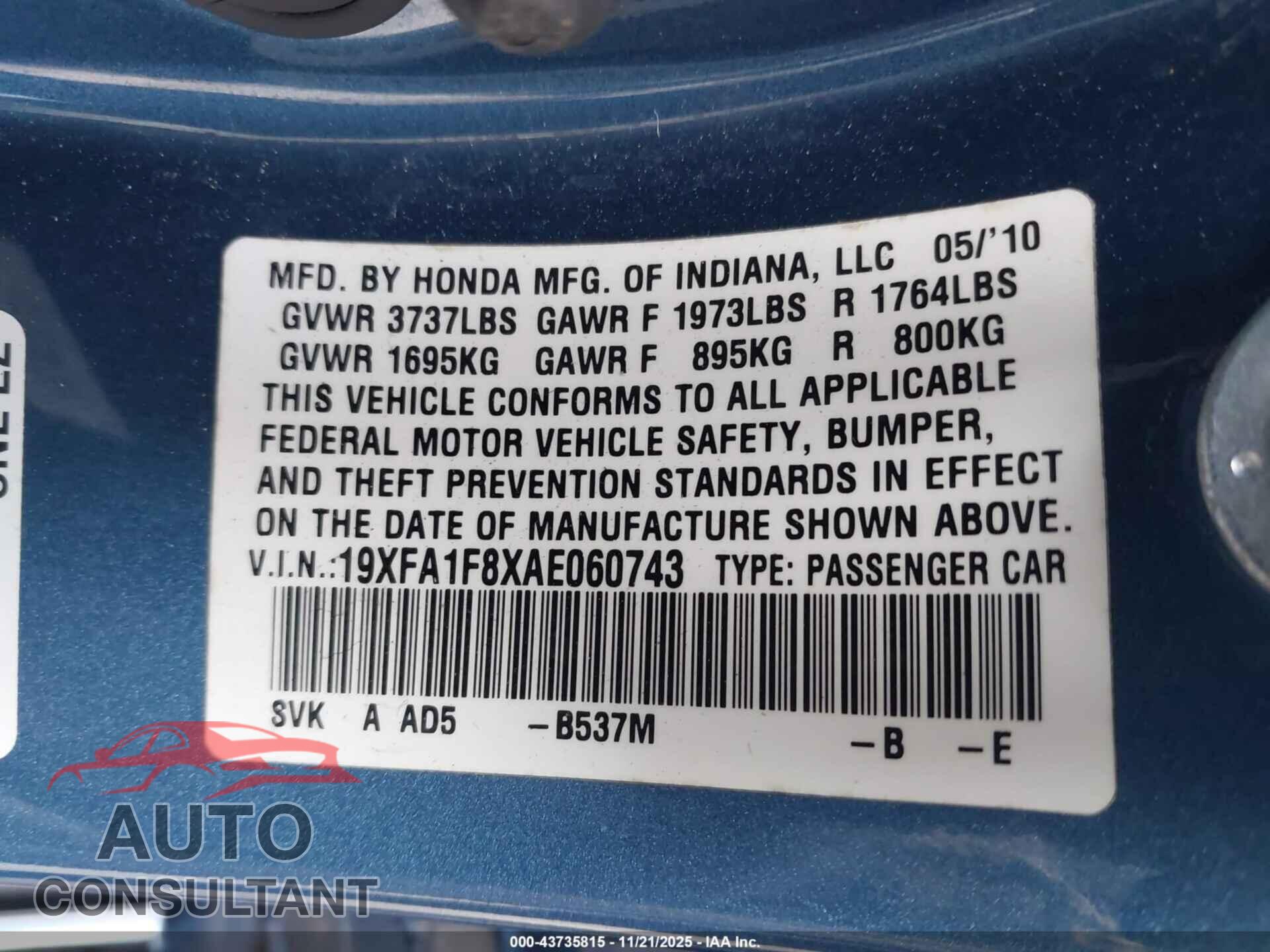 HONDA CIVIC 2010 - 19XFA1F8XAE060743