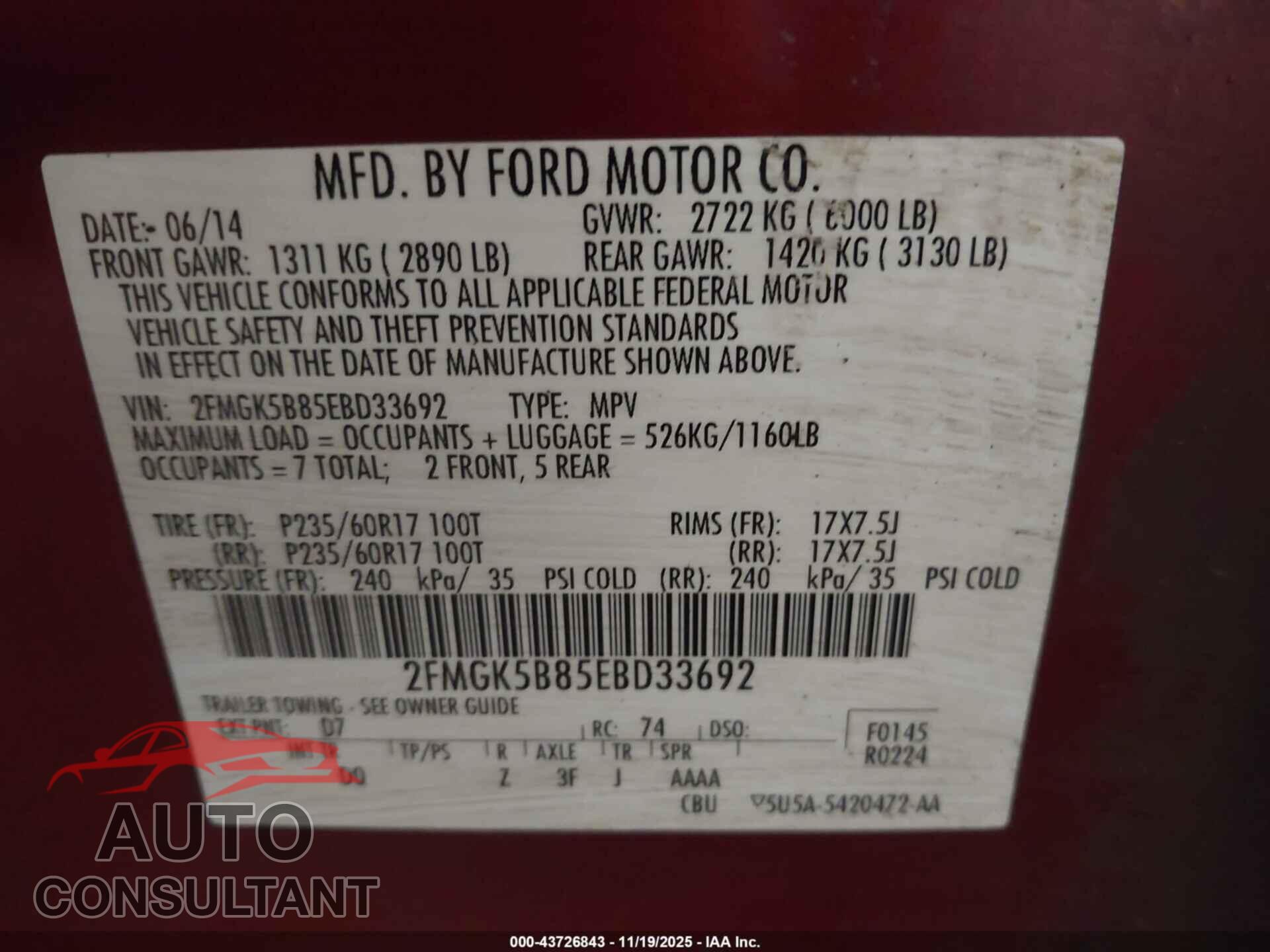 FORD FLEX 2014 - 2FMGK5B85EBD33692