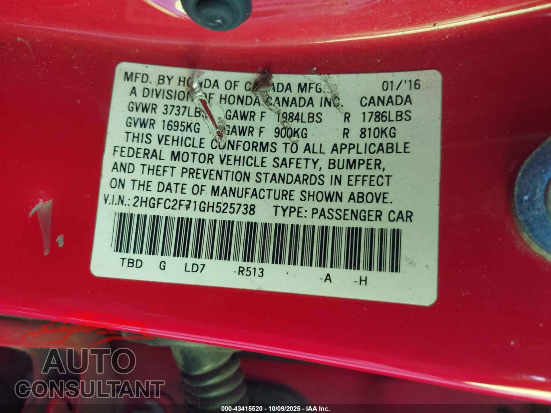 HONDA CIVIC 2016 - 2HGFC2F71GH525738