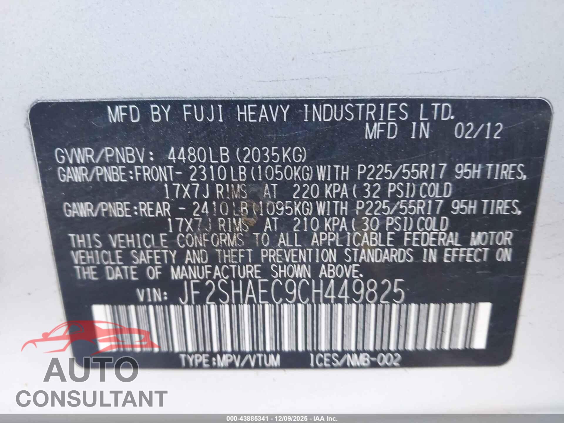 SUBARU FORESTER 2012 - JF2SHAEC9CH449825