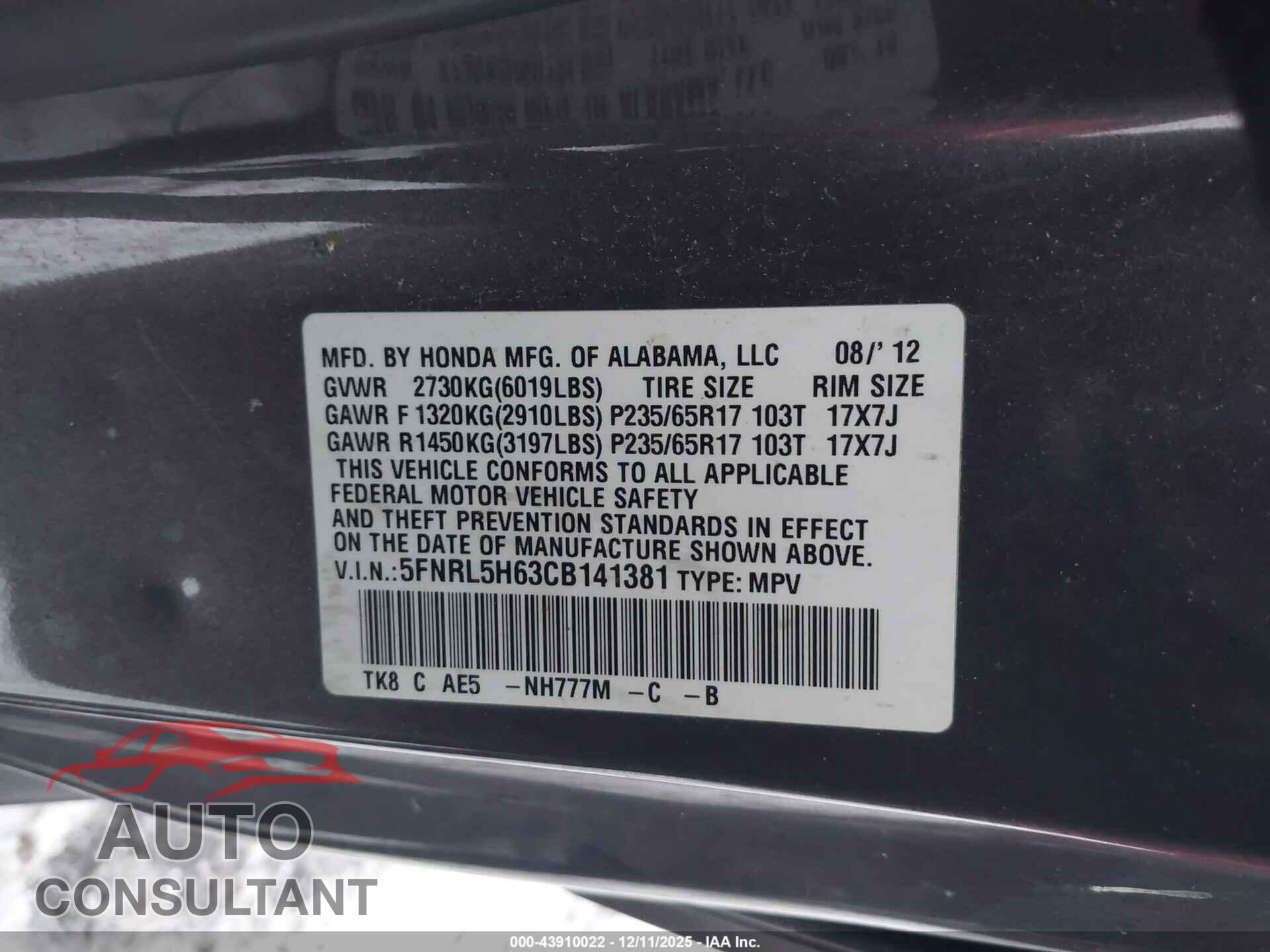 HONDA ODYSSEY 2012 - 5FNRL5H63CB141381