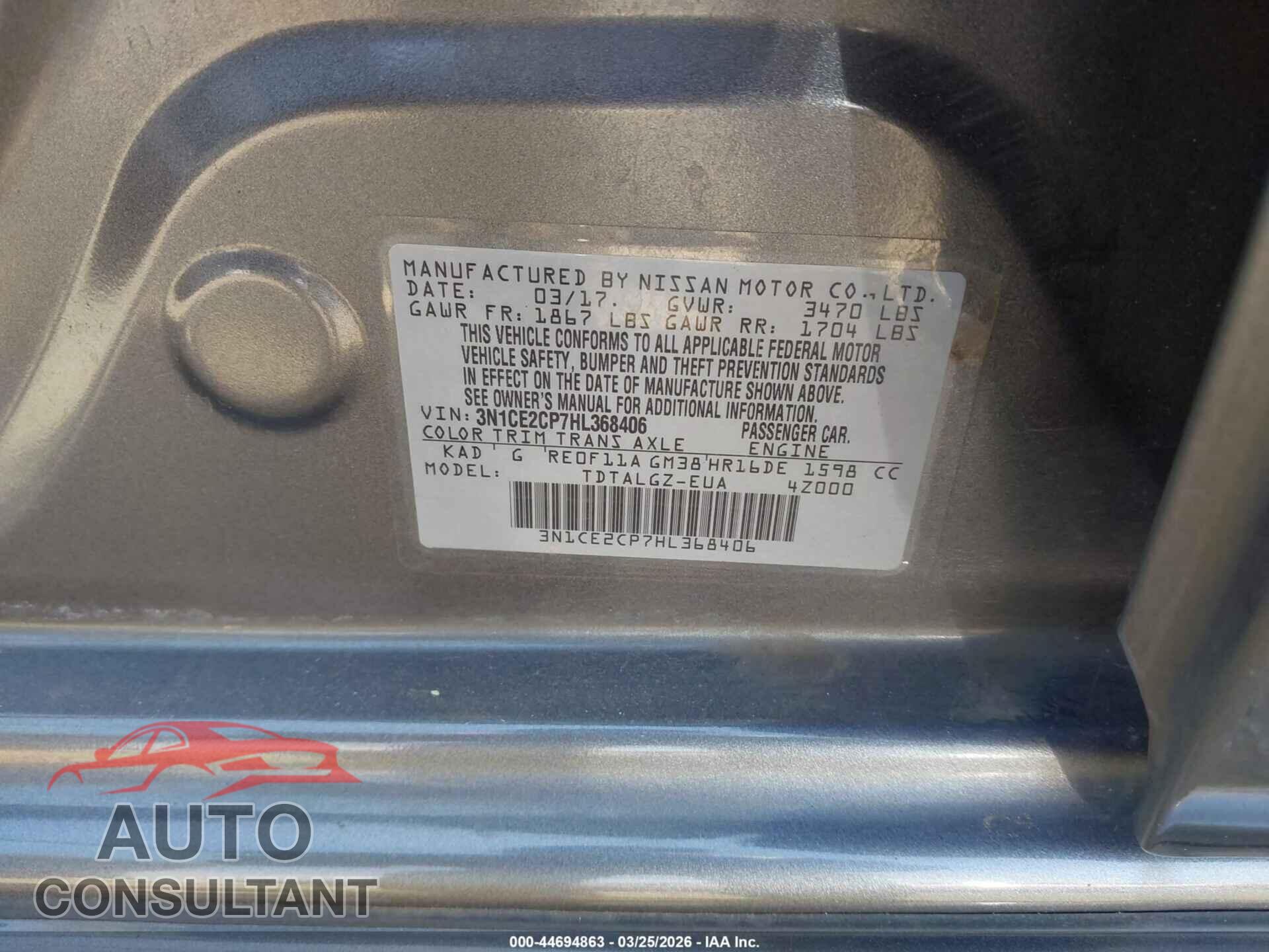 NISSAN VERSA NOTE 2017 - 3N1CE2CP7HL368406